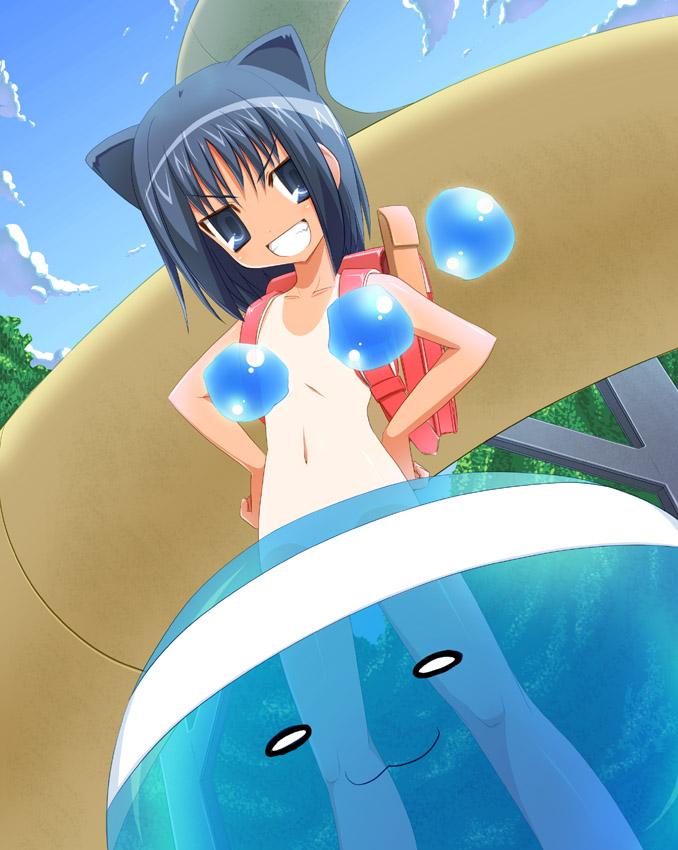 daidouji kira, aq interactive, arcana heart, atlus, examu, artist request, jpeg artifacts, 1girl, animal ears, backpack, bag, cat ears, cat girl, censored, convenient censoring, female focus, flat chest, loli, nude, one-piece tan, randoseru, see-through clothes, smile, solo, tan, tanline, transparent