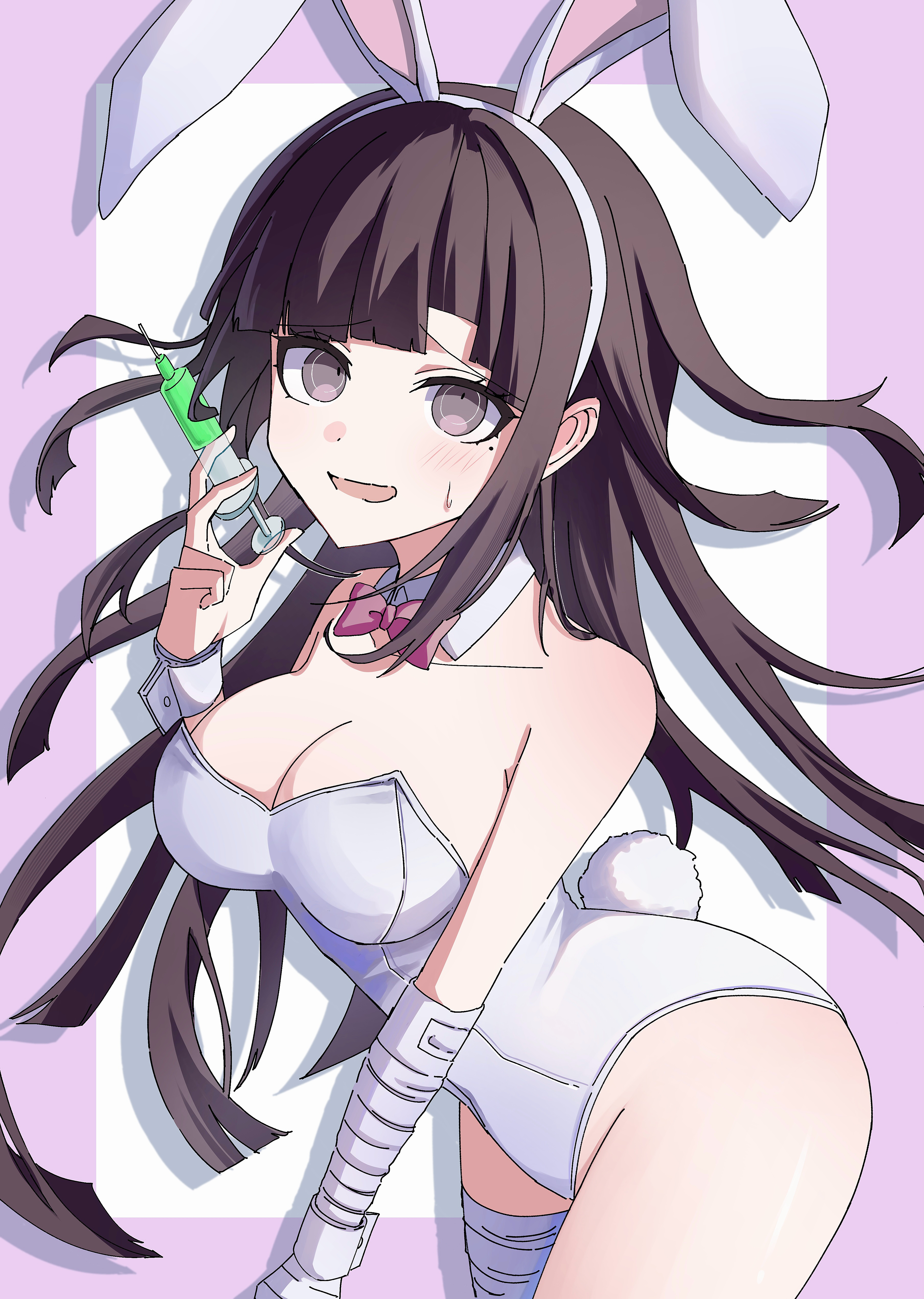 rishaku (user cuwx8758), tsumiki mikan, danganronpa (series), danganronpa 2: goodbye despair, absurdres, commentary, highres, 1girl, :d, alternate costume, animal ears, bandaged arm, bandaged leg, bandages, blunt bangs, blunt ends, border, bow, bowtie, breasts, cleavage, cowboy shot, curvy, detached collar, drop shadow, fake animal ears, fake tail, highleg, highleg leotard, holding, holding syringe, large breasts, leotard, long hair, looking at viewer, mole, mole under eye, official alternate costume, open mouth, pink border, pink bow, pink bowtie, playboy bunny, rabbit ears, rabbit tail, simple background, smile, solo, strapless, strapless leotard, sweatdrop, syringe, tail, white background, wrist cuffs