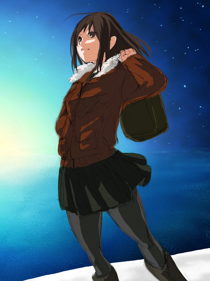 okamocheese, original, bad id, bad pixiv id, black eyes, black hair, boots, coat, pantyhose, skirt, solo