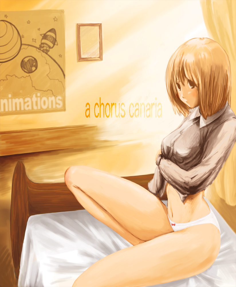 okamocheese, original, bad id, bad pixiv id, bed, brown eyes, brown hair, panties, sitting, solo, underwear