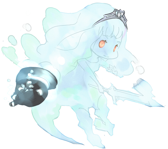 jitsu hidari, original, 1girl, crown, female focus, ghost, hat, orange eyes, solo, sword, tiara, weapon