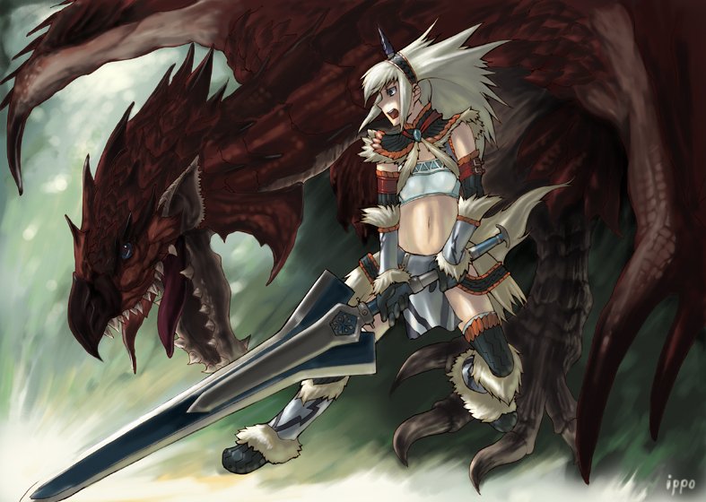 ippo, rathalos, capcom, monster hunter (series), 1girl, blue eyes, claws, dragon, female focus, horns, kirin (armor), single horn, solo, sword, tongue, weapon, white hair, wings