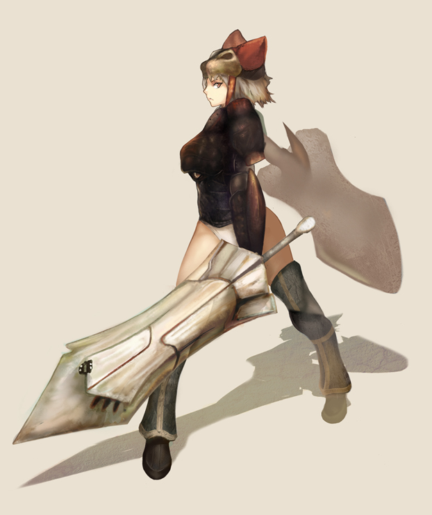 n.a., capcom, monster hunter (series), grey hair, shield, solo, sword, thighhighs, weapon