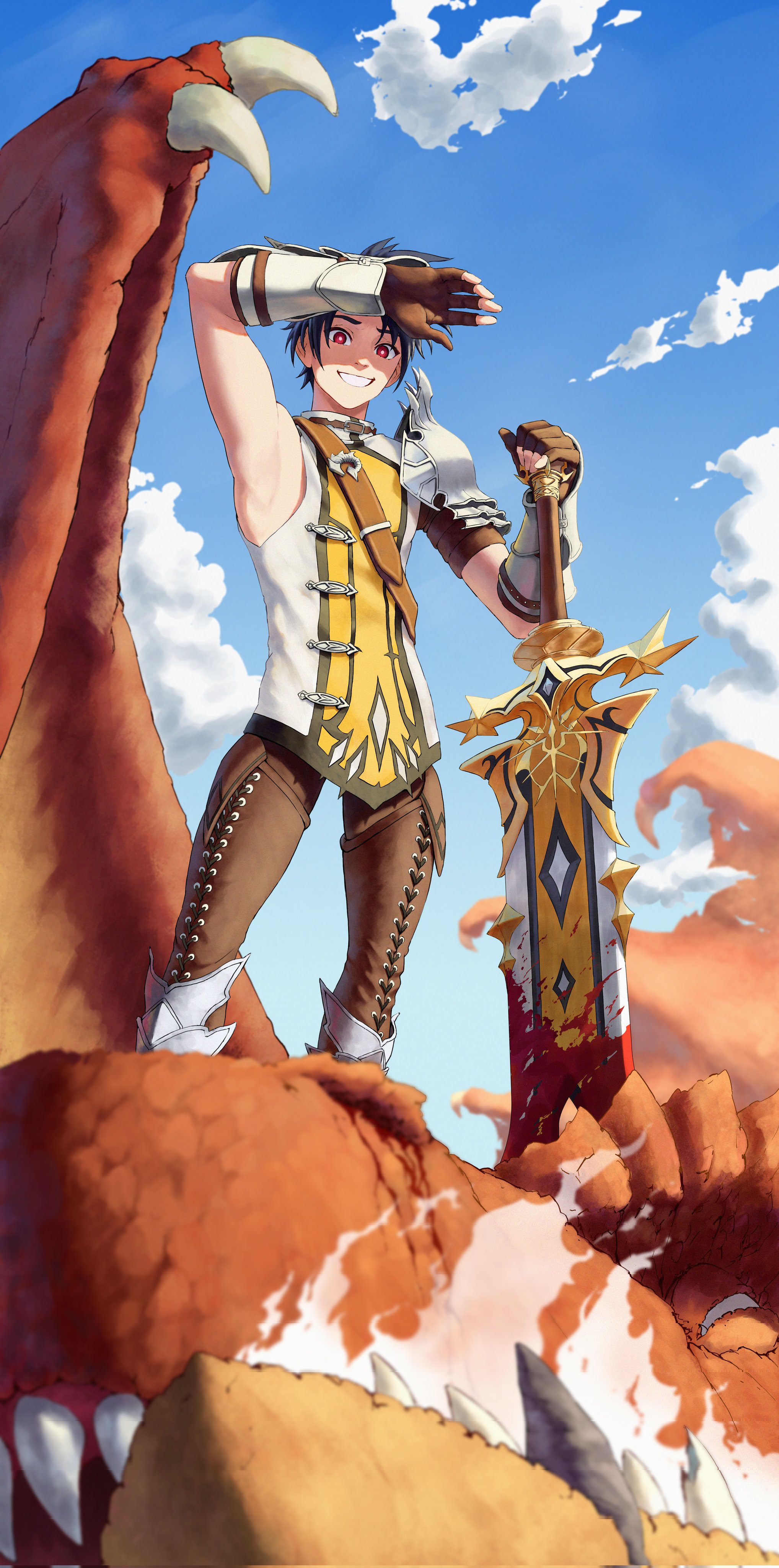 aqwariate, aleksander ryback, mushoku tensei, absurdres, highres, 1boy, armor, black hair, blood, bloody weapon, blue skirt, brown gloves, cloud, dragon, gloves, holding, holding weapon, huge weapon, male focus, red eyes, shoulder armor, skirt, smile, weapon