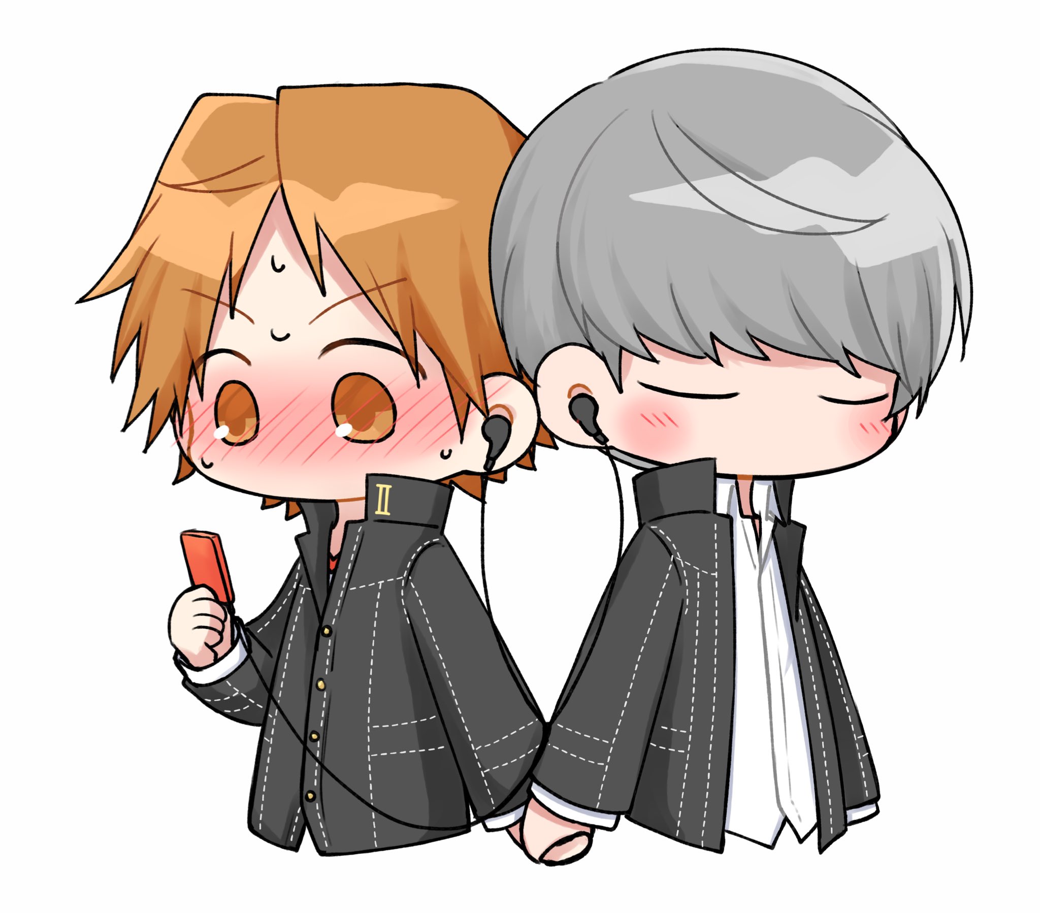hanamura yousuke, narukami yu, persona, persona 4, commentary request, highres, 2boys, black jacket, blush, brown eyes, brown hair, closed eyes, collared shirt, digital media player, earbuds, earphones, ebak k3, grey hair, holding digital media player, holding hands, jacket, listening to music, long sleeves, male focus, multiple boys, no mouth, open clothes, open jacket, school uniform, sharing, shirt, short hair, simple background, sweat, upper body, white background, white shirt, yaoi, yasogami school uniform