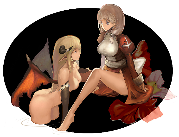 n.a., high priest (ragnarok online), succubus (ragnarok online), ragnarok online, 2girls, bad feet, barefoot, blonde hair, brown hair, demon girl, dress, feet, high priestess, horns, legs, multiple girls, nude, pointy ears, priestess, sitting, two-tone dress, wings