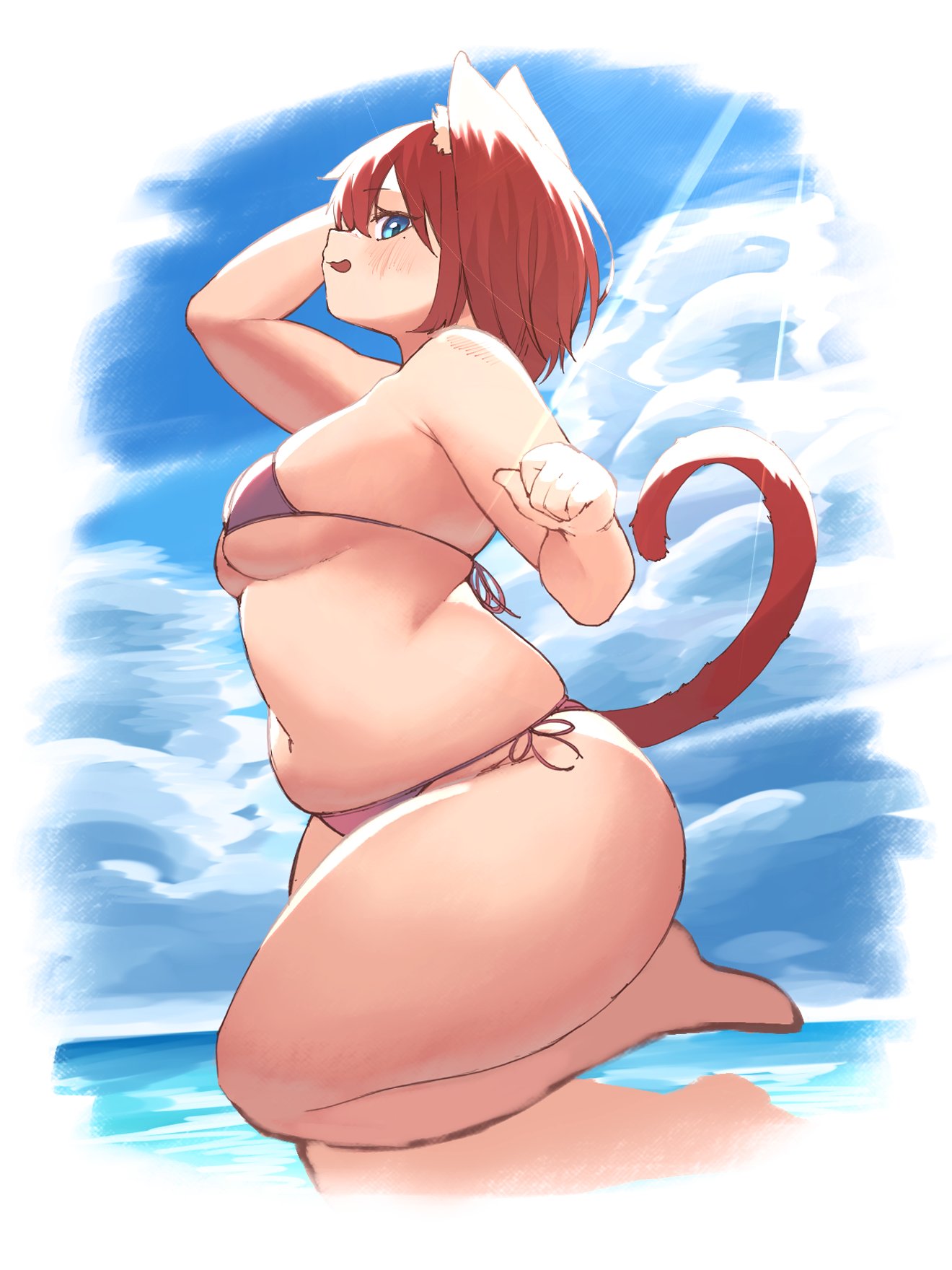 nantekottai25, original, 1girl, animal ear fluff, animal ears, beach, bikini, blue eyes, breasts, brown hair, from side, jumping, medium breasts, mole, mole under eye, navel, ocean, open mouth, outdoors, plump, purple bikini, red hair, short hair, side-tie bikini bottom, skindentation, sky, solo, swimsuit, tail, thick thighs, thighs