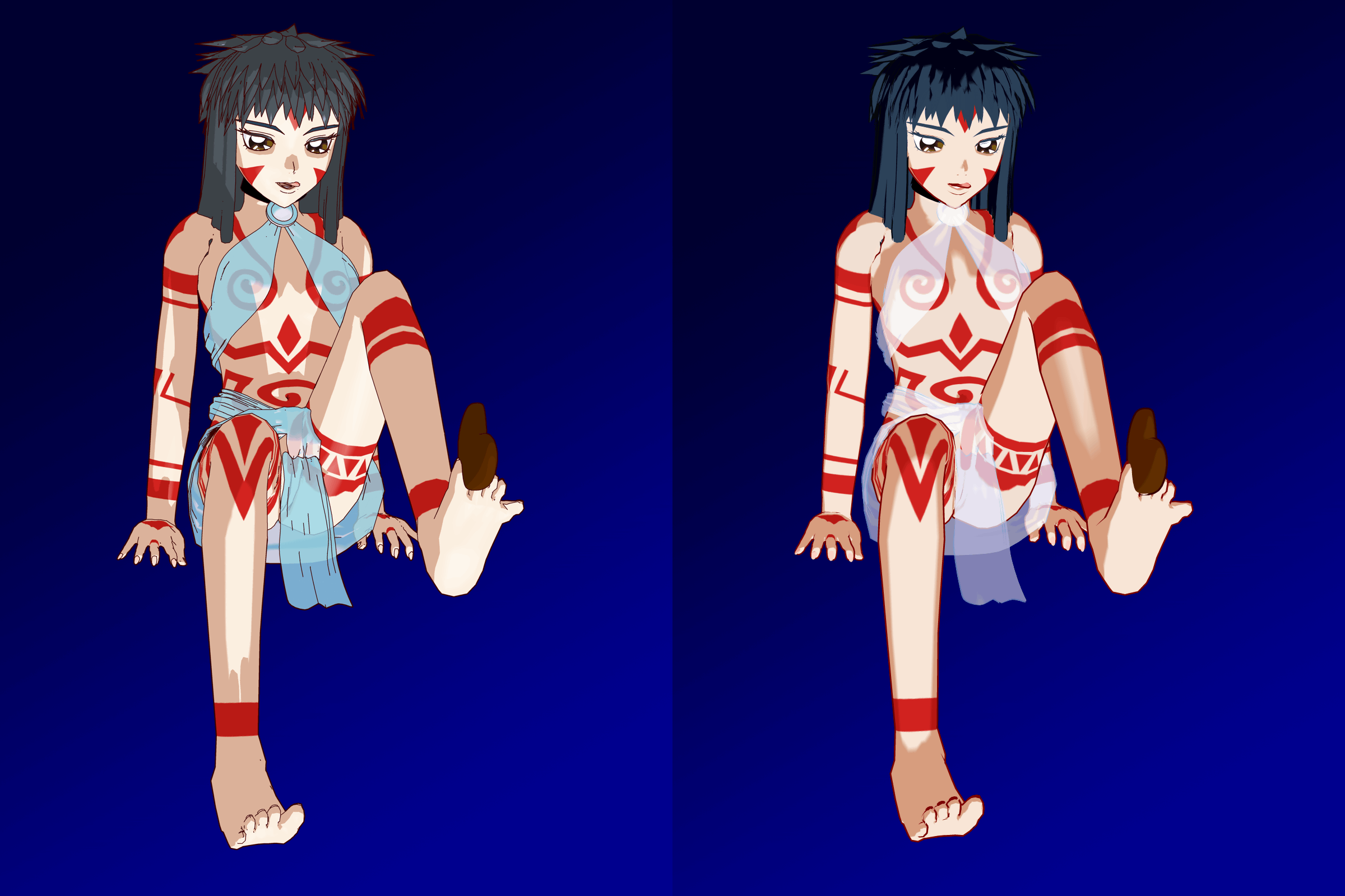 shimabara yuuhi, neo ranga, highres, 1990s (style), 1girl, 3d, ass, bodypaint, feet, female focus, full body, gradient background, multiple views, retro artstyle, sitting
