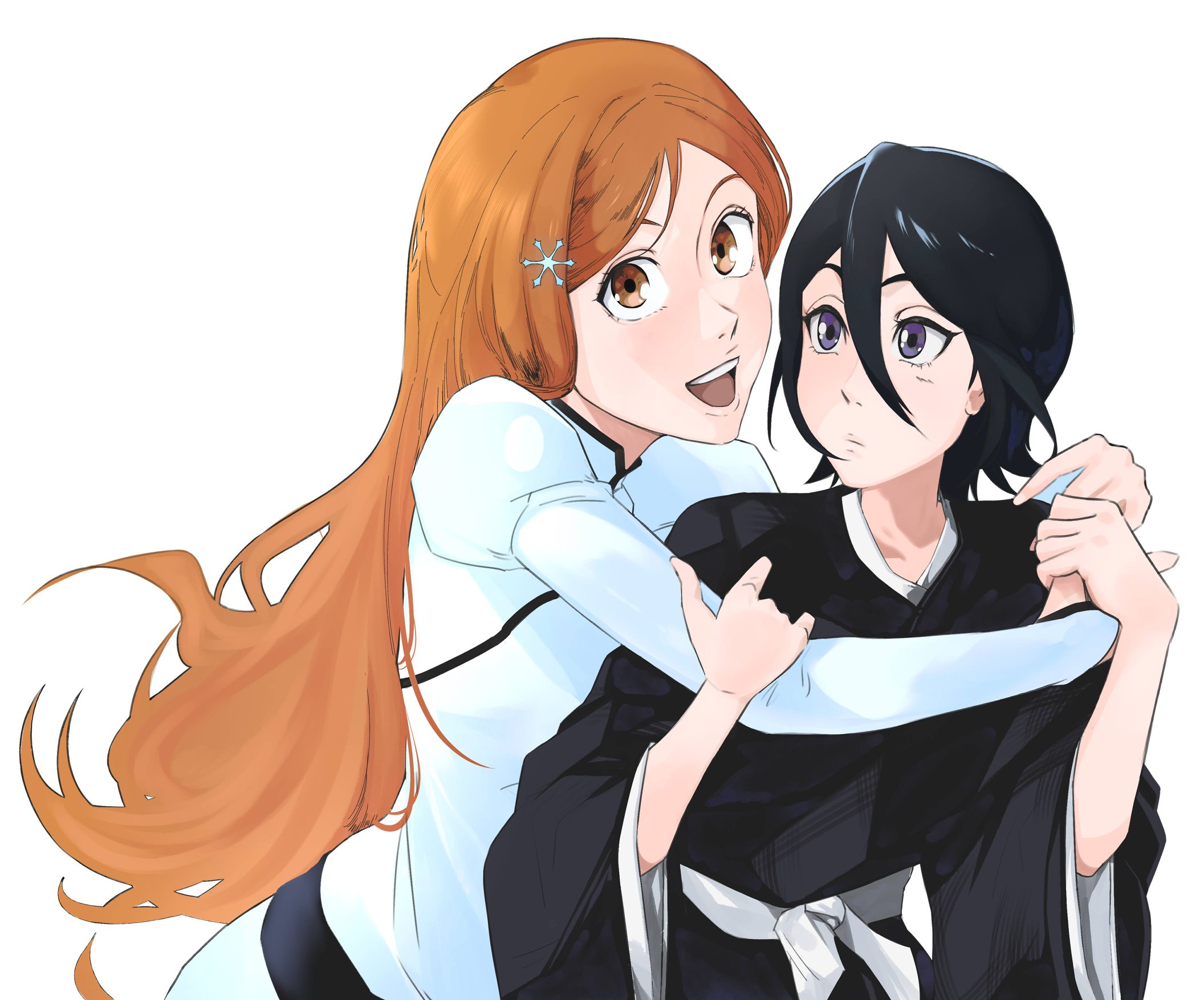 dakaeya, inoue orihime, kuchiki rukia, bleach, commission, highres, 2girls, black hair, breasts, brown eyes, closed mouth, collarbone, hair ornament, hairclip, japanese clothes, large breasts, long hair, medium hair, multiple girls, open mouth, orange hair, puffy sleeves, shihakusho, simple background, small breasts, white background, wide sleeves