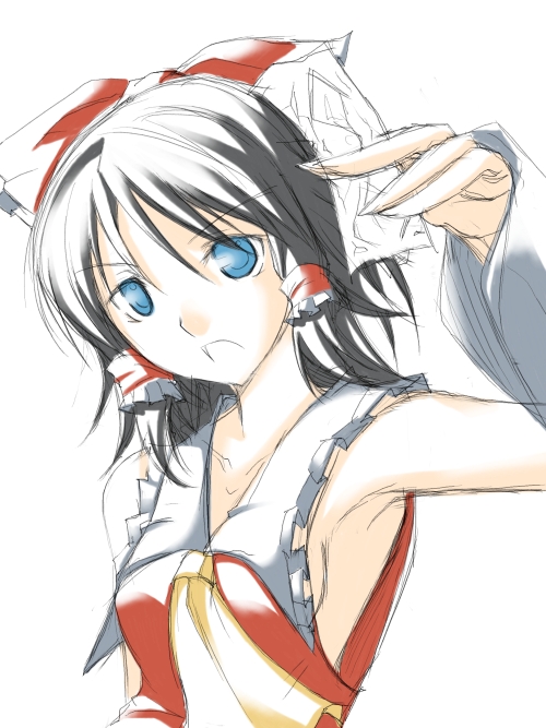 ribi, hakurei reimu, touhou, 1girl, armpits, black hair, female focus, japanese clothes, miko, simple background, sketch, solo, upper body, white background
