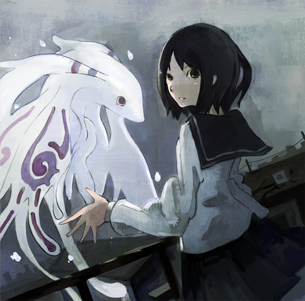 inaba taiju, original, 1girl, creature, female focus, school uniform, serafuku, solo