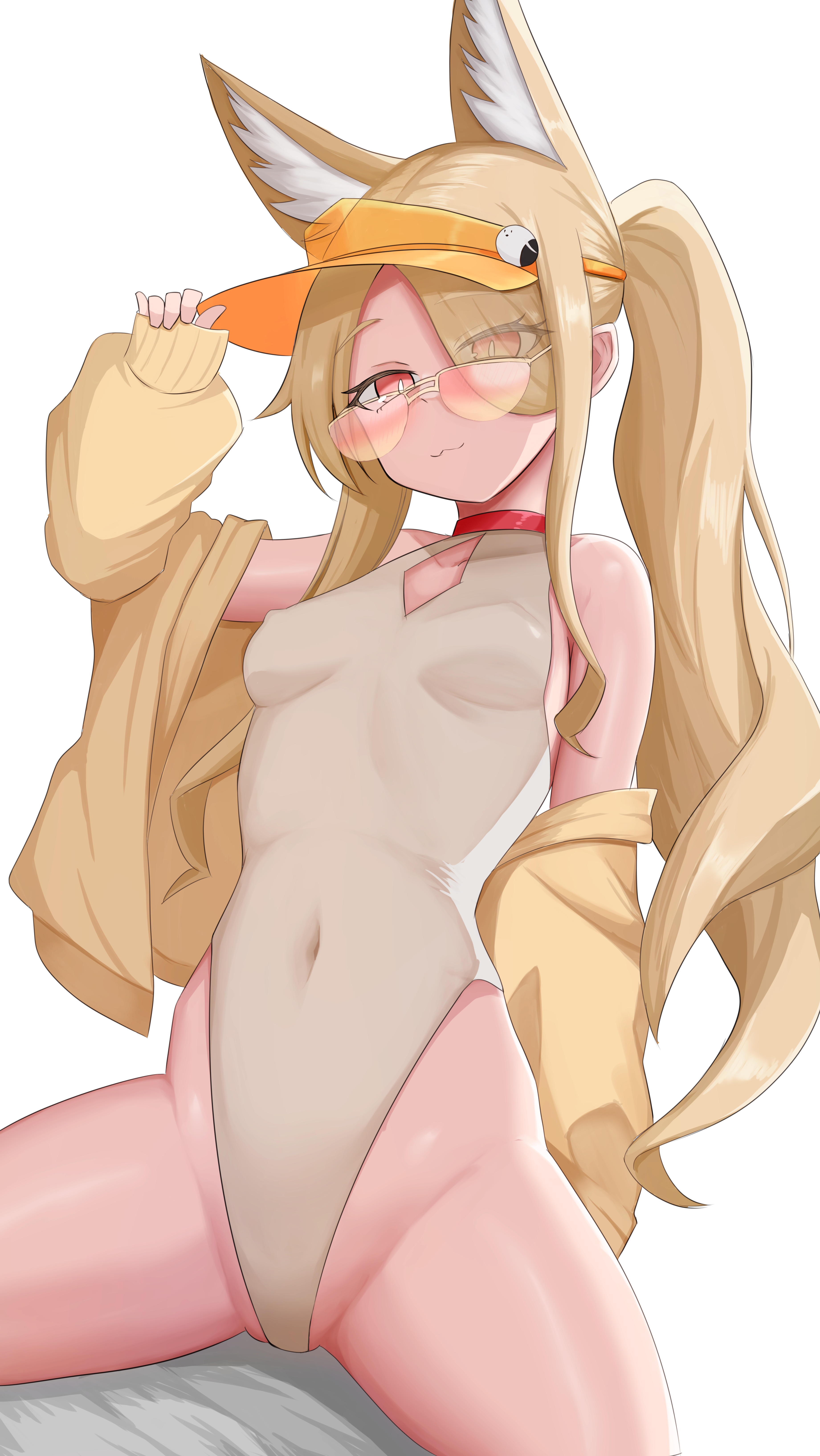 elrin, seia (blue archive), seia (swimsuit) (blue archive), blue archive, absurdres, highres, 1girl, animal ears, bare shoulders, blonde hair, blush, breasts, covered navel, fox ears, halo, highleg, highleg one-piece swimsuit, jacket, long hair, long sleeves, looking at viewer, one-piece swimsuit, orange eyes, small breasts, smile, solo, sunglasses, swimsuit, visor cap, white one-piece swimsuit, yellow jacket