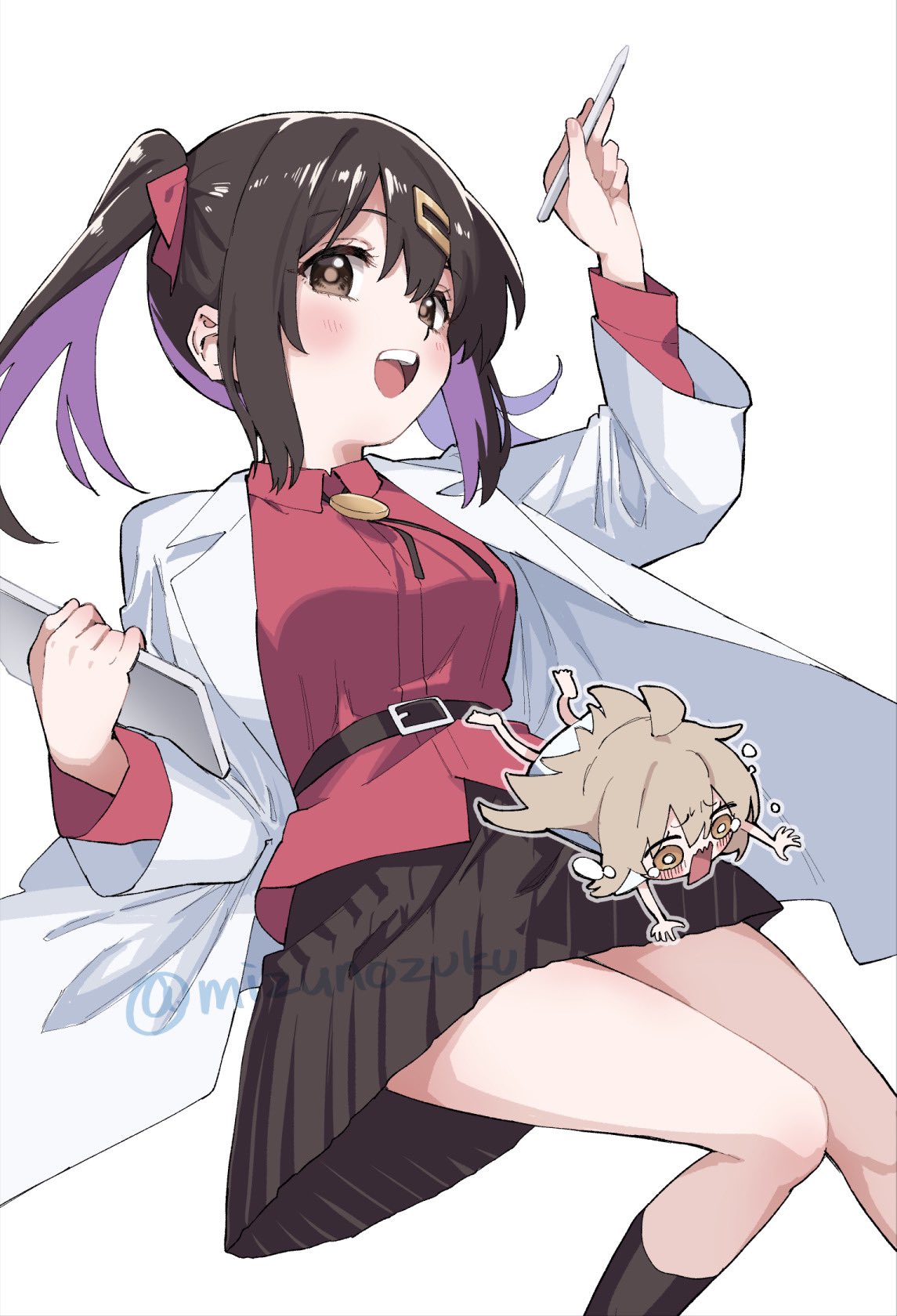 oyama mahiro, oyama mihari, onii-chan wa oshimai!, highres, 2girls, black eyes, black hair, blush, chibi, crying, grey hair, lab coat, long hair, mizunozuku, multiple girls, open mouth, skirt, smile, twintails