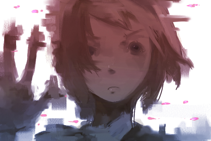 inaba taiju, original, 1girl, androgynous, brown hair, distortion, expressionless, female focus, looking at viewer, petals, portrait, short hair, solo, wind