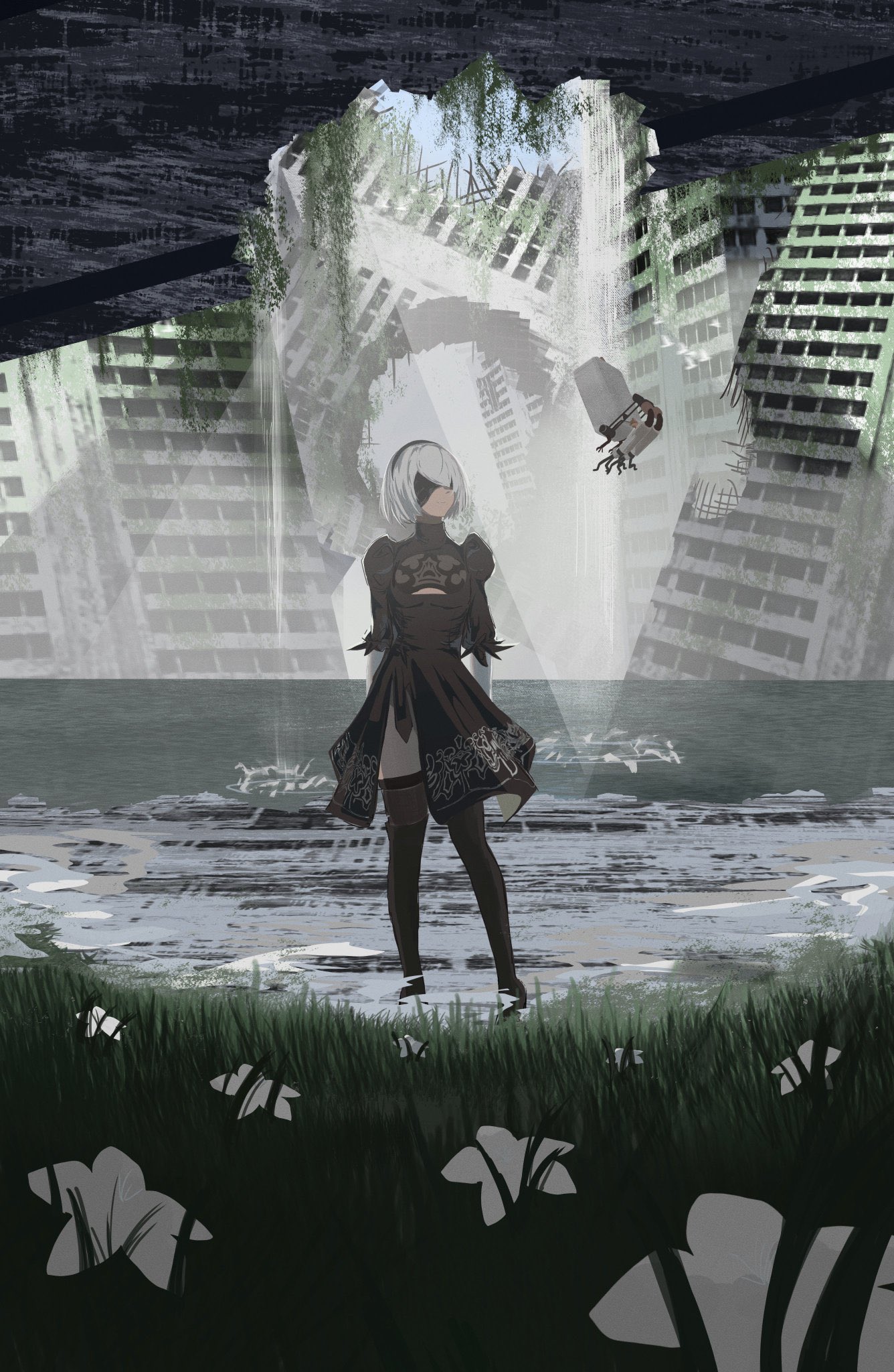 reiartdayo, 2b (nier:automata), pod (nier:automata), nier:automata, nier (series), commentary, english commentary, highres, 1girl, black boots, black dress, black thighhighs, blindfold, boots, breasts, building, cleavage, closed mouth, covered eyes, day, dress, flower, grass, grey hair, juliet sleeves, lily (flower), long sleeves, outdoors, overgrown, post-apocalypse, puffy sleeves, ruins, short hair, smile, solo, standing, thigh boots, thighhighs, thighhighs under boots, water, white flower