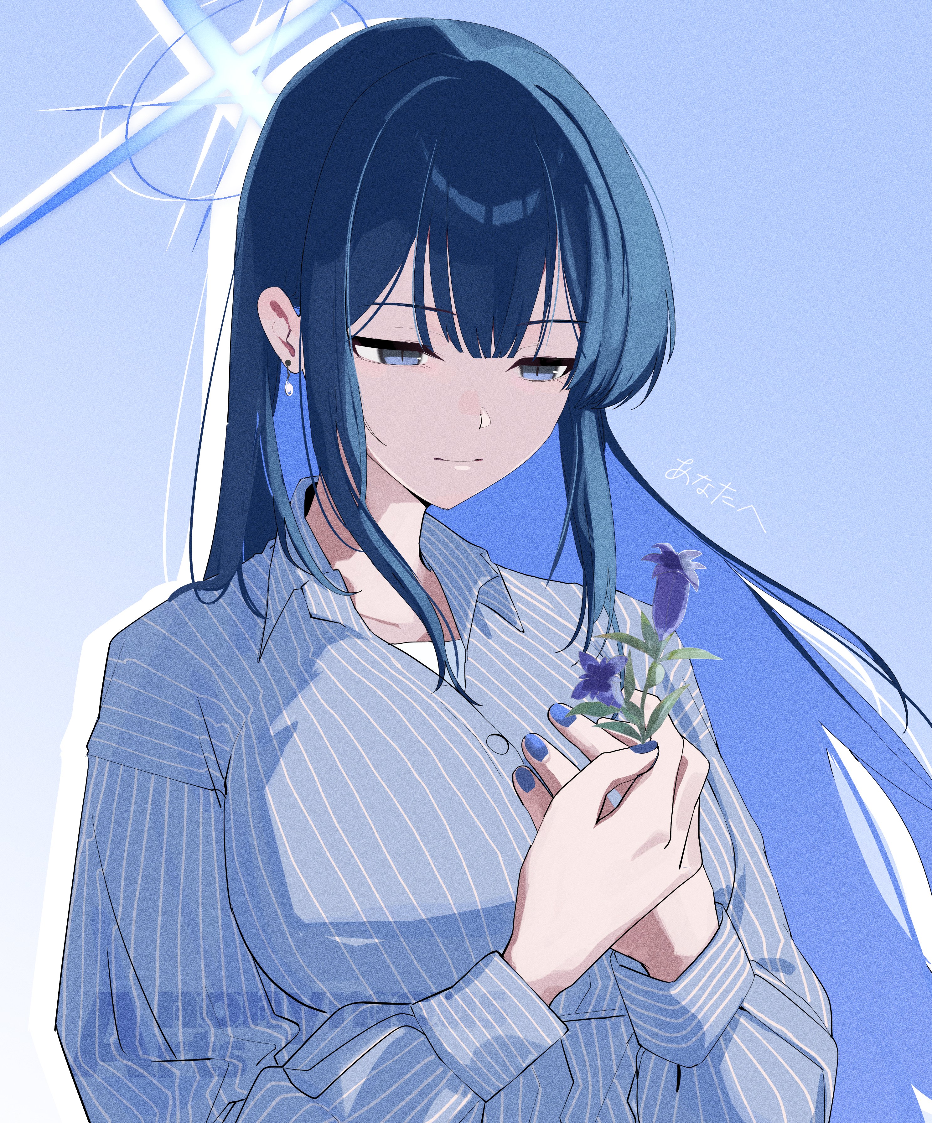 j. (anonymousarts), saori (blue archive), absurdres, highres, 1girl, alternate costume, blue background, blue eyes, blue hair, blue halo, blue nails, blue shirt, breasts, flower, halo, holding, holding flower, long hair, looking at object, nail polish, shirt, solo, striped clothes, very long hair