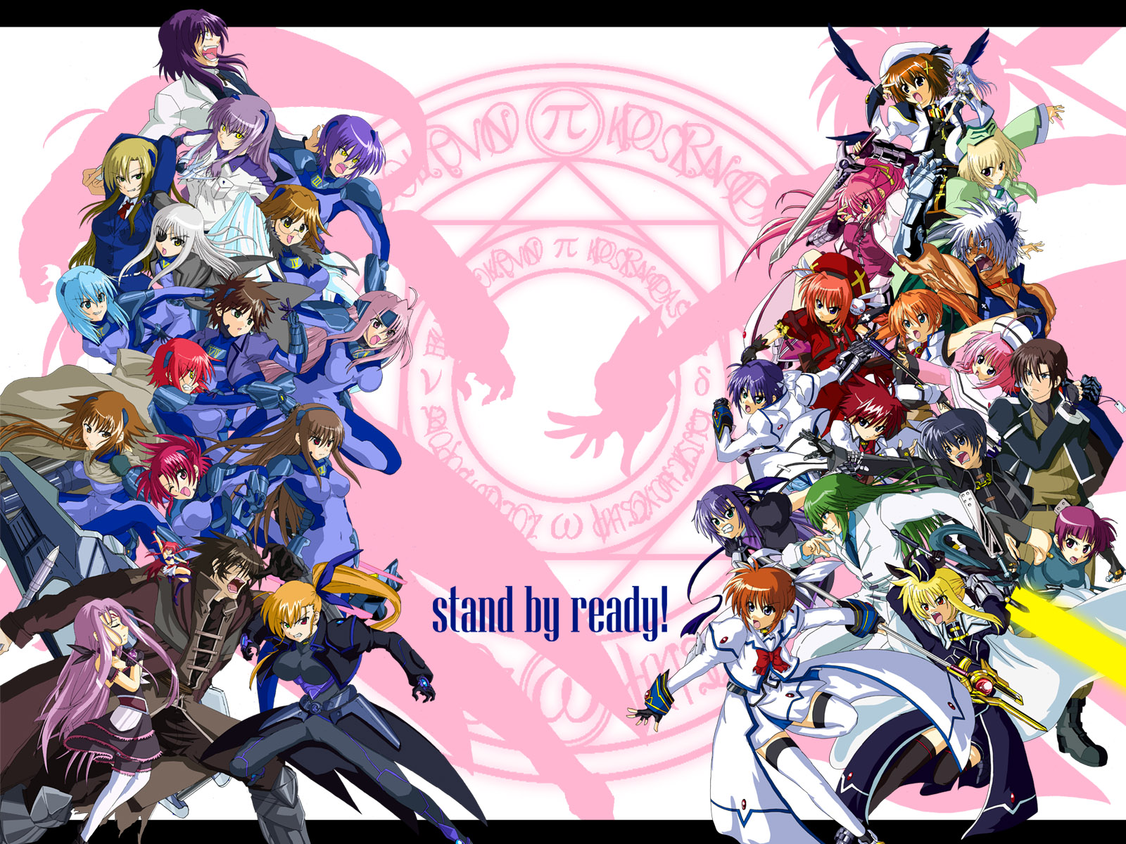 ryuu-tan (miuron), agito, agito (nanoha), asclepius (nanoha), bardiche (nanoha), bardiche (zanber form) (nanoha), cinque (nanoha), deed (nanoha), dieci (nanoha), due (nanoha), fate testarossa, fate testarossa (impulse form), ginga nakajima, klarwind, laevatein (nanoha), lutecia, lutecia alpine, nove (nanoha), numbers (nanoha), otto (nanoha), quattro (nanoha), raising heart, raising heart (buster mode), reinforce zwei, revolver knuckle, sette (nanoha), shamal, signum, strada, subaru nakajima, takamachi nanoha, takamachi nanoha (aggressor mode), teana lanster, tre (nanoha), uno (nanoha), vita (nanoha), vivio, wendi (nanoha), yagami hayate, zest grangeitz, lyrical nanoha, mahou shoujo lyrical nanoha, mahou shoujo lyrical nanoha strikers, highres, 00s, 5boys, 6+girls, aged up, ahoge, animal ears, arm garter, asymmetrical legwear, bat wings, blonde hair, blue hair, bodysuit, bow, brown hair, cannon, closed eyes, coat, confrontation, deici, dual wielding, energy sword, english text, everyone, facial mark, familiar, fighting stance, fingerless gloves, forehead jewel, forehead mark, gauntlets, glasses, gloves, hair ornament, hairband, hat, headband, holding, huge weapon, inline skates, jacket, long hair, long sleeves, machinery, magazine (weapon), magic circle, magical boy, magical girl, military, military uniform, mini person, minigirl, multiple boys, multiple girls, one eye closed, open clothes, open coat, open jacket, outstretched arms, pink hair, ponytail, purple hair, red bow, red eyes, red hair, roller skates, roman numeral, siblings, side ponytail, simple background, single fingerless glove, single gauntlet, single glove, single thighhigh, sisters, skates, sword, thighhighs, tonfa, tres, twintails, uneven legwear, very long hair, waist cape, weapon, whip sword, white background, white hair, wings, wolf ears, x hair ornament