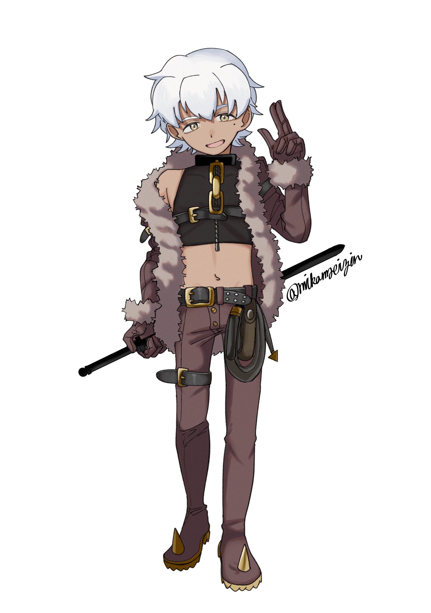 mikamseizin, dark hunter, dark hunter (sekaiju), dark hunter 3, etrian odyssey, sekaiju no meikyuu, sekaiju no meikyuu 1, highres, 1boy, :d, belt, brown pants, chest belt, crop top, dark-skinned male, dark skin, fur-trimmed jacket, fur trim, holding, holding behind back, holding sword, holding sword behind back, holding weapon, holding weapon behind back, jacket, male focus, midriff, mole, mole under eye, navel, open mouth, pants, sleeveless, smile, solo, sword, waving, weapon, whip, white hair, yellow eyes