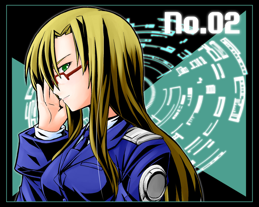 u-ka, yu lulu (uka), due (nanoha), numbers (nanoha), lyrical nanoha, mahou shoujo lyrical nanoha, mahou shoujo lyrical nanoha strikers, 00s, 1girl, blonde hair, closed mouth, female focus, from side, glasses, green eyes, military, military uniform, profile, red-framed eyewear, shoulder pads, smirk, solo, upper body