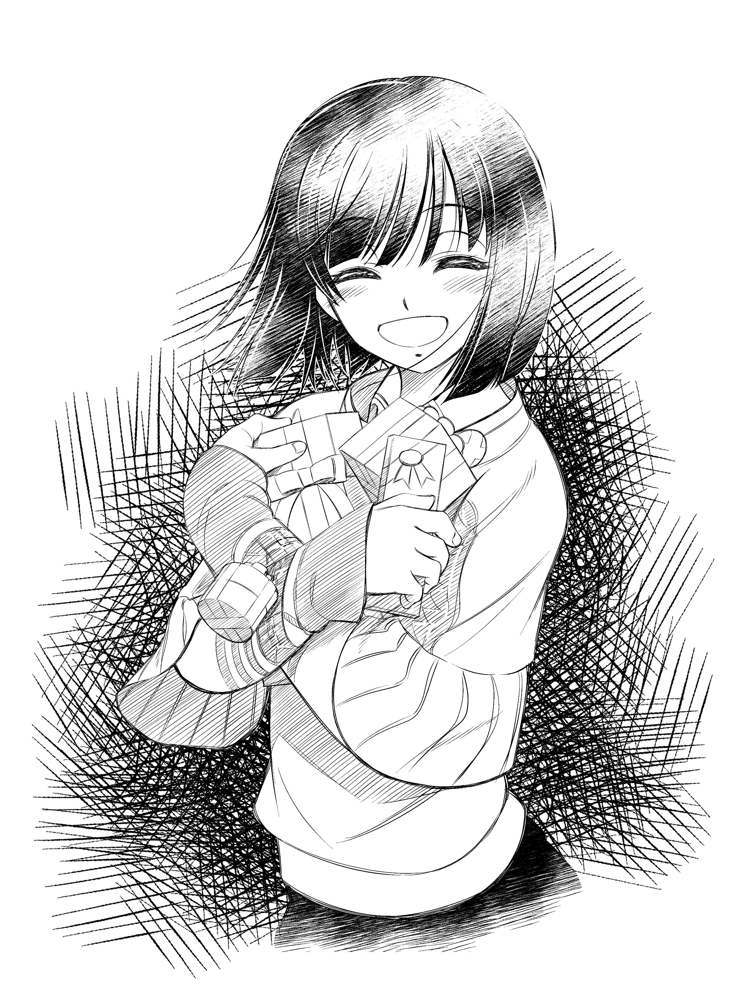 eibon, tachibana yui, chaos;child, science adventure, absurdres, commentary request, highres, 1girl, black hair, blush, closed eyes, crossed arms, gift, greyscale, holding, holding gift, long sleeves, looking at viewer, monochrome, open mouth, shirt, shirt under sweater, short hair, smile, solo, sweater, swept bangs