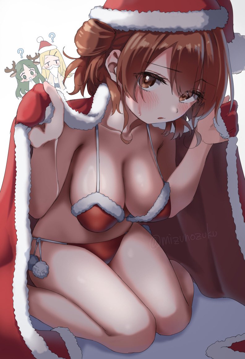 hanami ume, kuramoto china, shinosawa hiro, gakuen idolmaster, idolmaster, 3girls, bikini, breasts, brown eyes, brown hair, christmas, cloak, hat, large breasts, looking at viewer, mizunozuku, multiple girls, santa bikini, santa costume, santa hat, sitting, solo focus, swimsuit