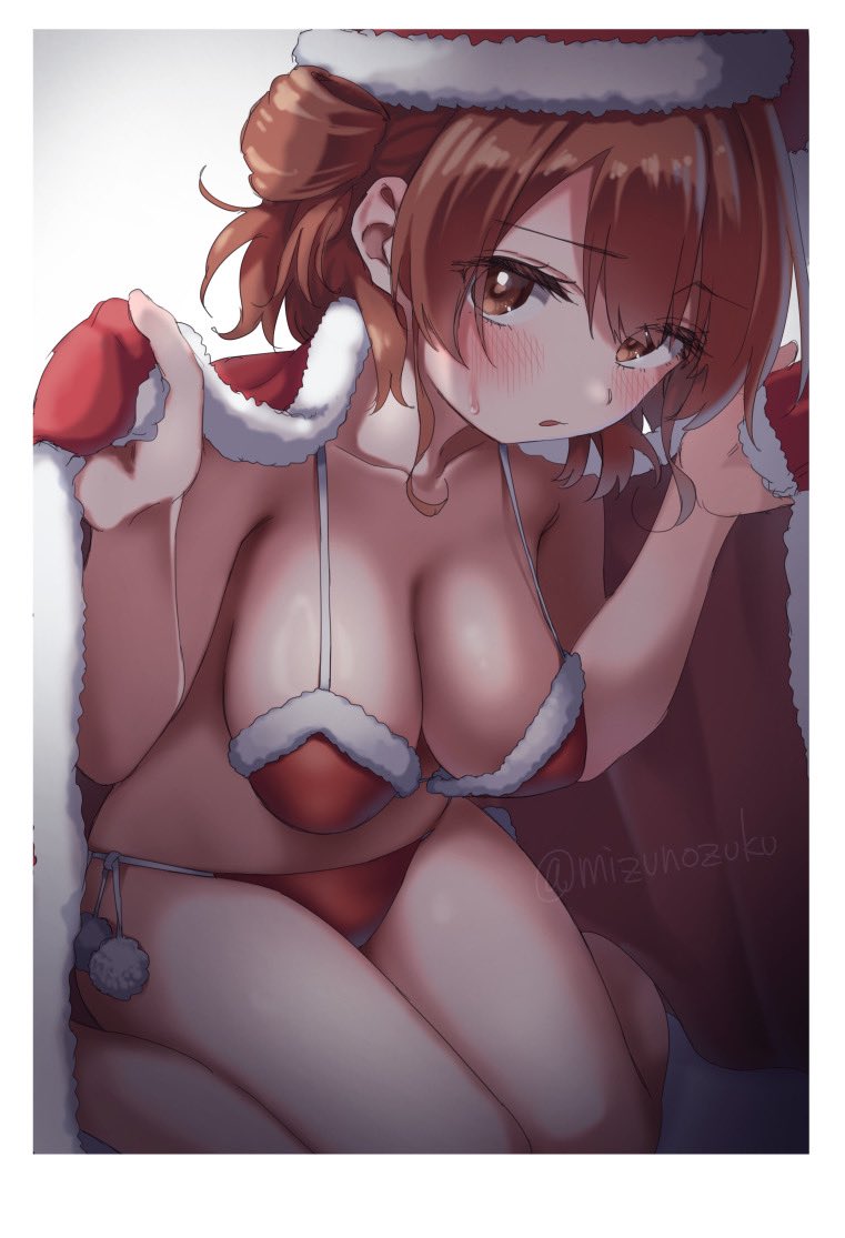 hanami ume, gakuen idolmaster, idolmaster, 1girl, bikini, blush, breasts, brown eyes, brown hair, christmas, cloak, hat, large breasts, looking at viewer, mizunozuku, parted lips, santa bikini, santa costume, santa hat, sitting, solo, swimsuit