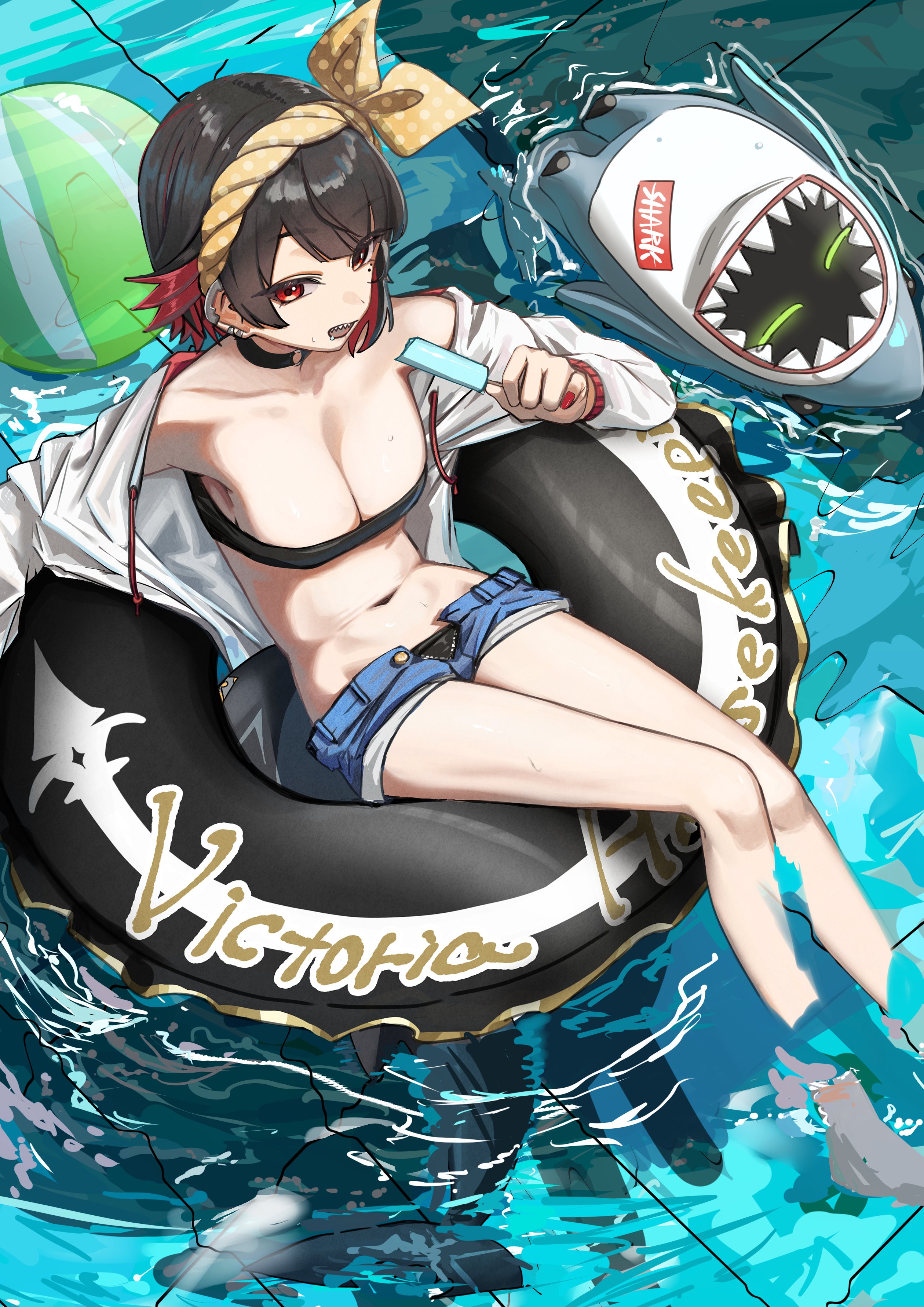 dondobi, ellen joe, sharkboo (zenless zone zero), zenless zone zero, absurdres, highres, 1girl, ball, beachball, black choker, black hair, black panties, black tube top, blue shorts, breasts, choker, colored inner hair, fins, fish tail, food, from above, holding, holding food, holding popsicle, jacket, large breasts, looking at viewer, mole, mole under eye, multicolored hair, on innertube, on water, open clothes, open fly, open jacket, open mouth, panties, popsicle, red eyes, red hair, shark girl, shark tail, short hair, short shorts, shorts, solo, strapless, tail, tube top, underwear, water, white jacket