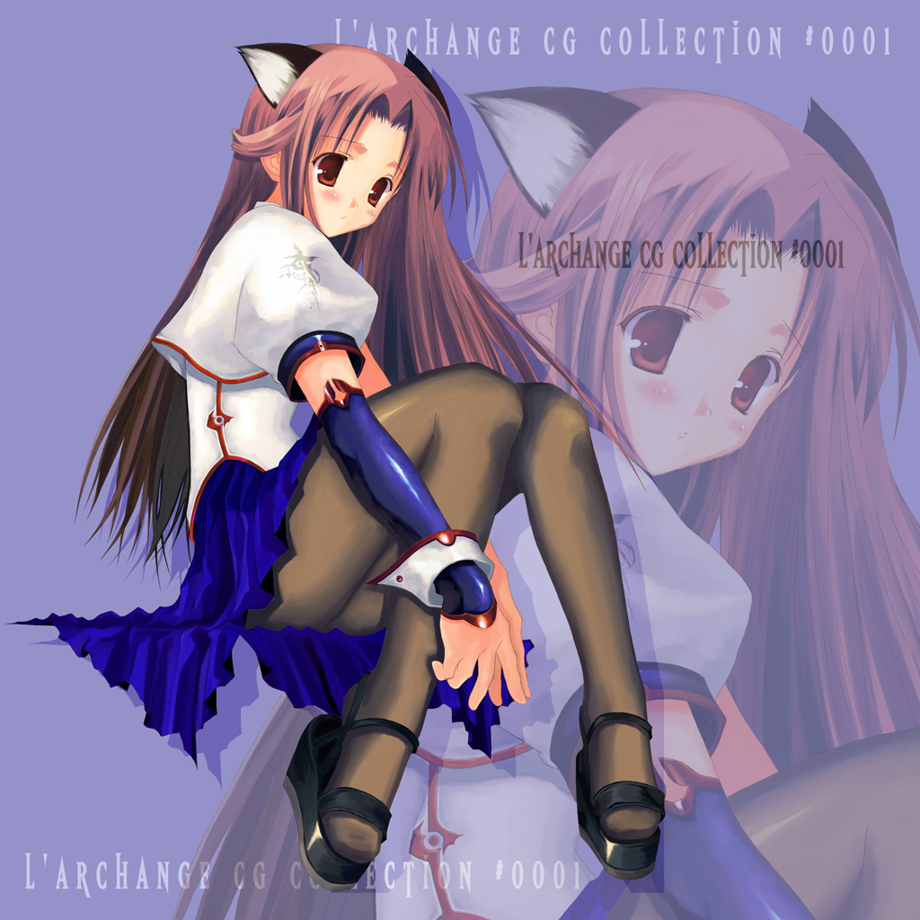 kagutsuchi (artist), kagutsuchi (l'archange), 1girl, animal ears, brown eyes, brown hair, cat ears, female focus, pantyhose, solo