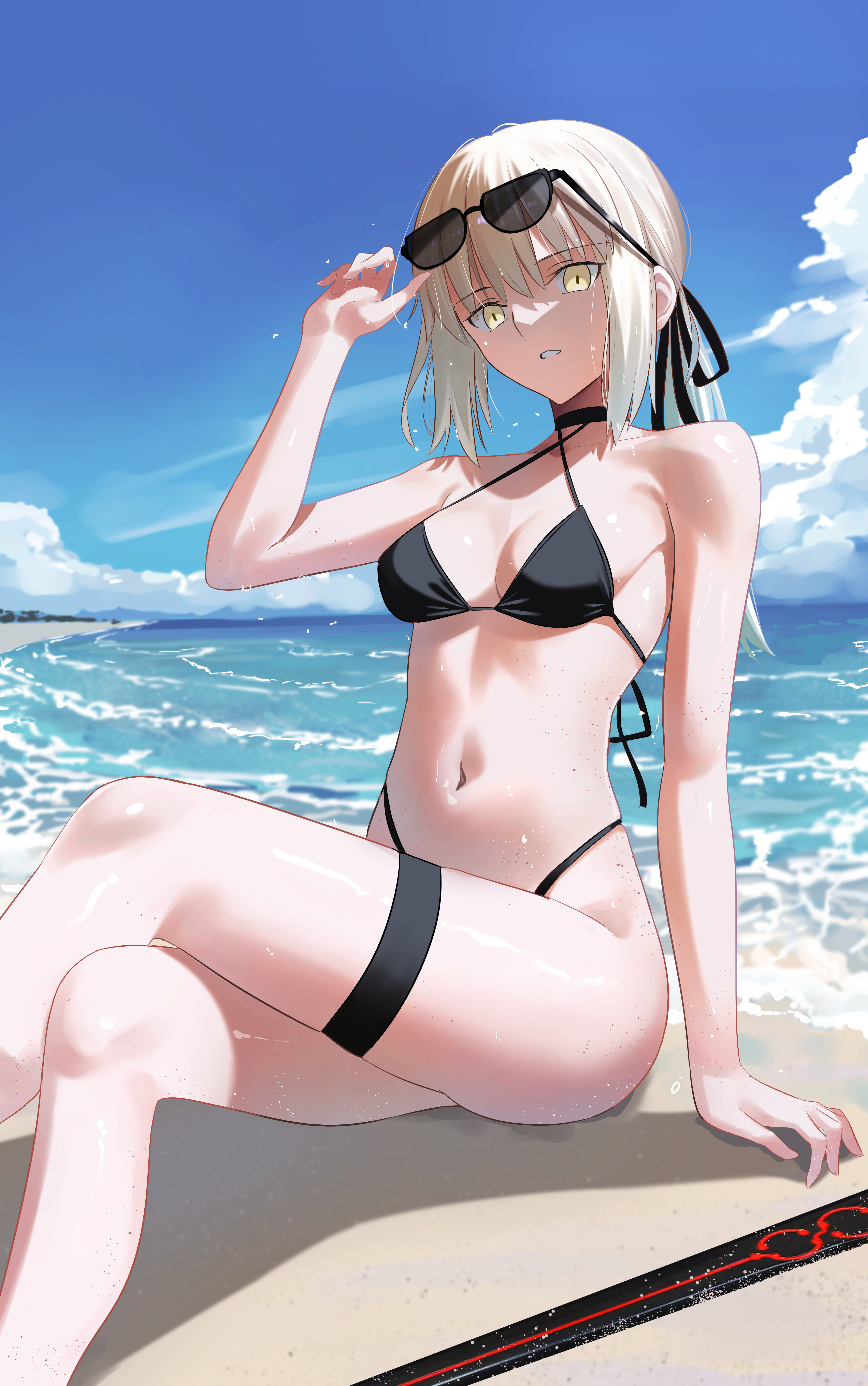 longdq3008, artoria pendragon (fate), saber alter, fate/grand order, fate (series), absurdres, highres, 1girl, bare shoulders, beach, bikini, black bikini, blonde hair, breasts, cleavage, excalibur morgan (fate), eyewear on head, hair ribbon, highleg, highleg bikini, long hair, looking at viewer, medium breasts, navel, ponytail, ribbon, shore, sidelocks, solo, sunglasses, swimsuit, sword, thigh strap, thighs, weapon, yellow eyes
