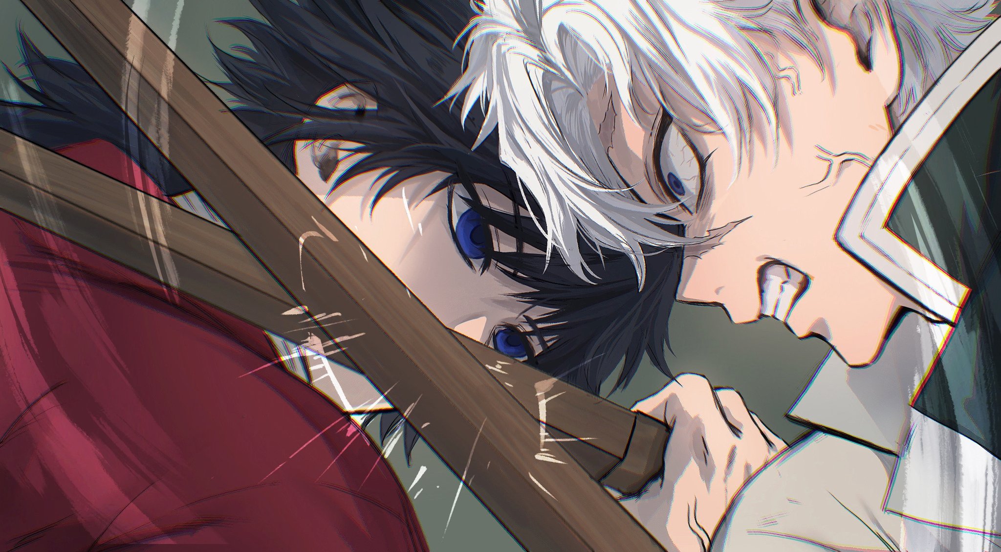 shinazugawa sanemi, tomioka giyuu, kimetsu no yaiba, derivative work, highres, screenshot redraw, 2boys, battle, black hair, blue eyes, clenched teeth, close-up, empty eyes, green background, gs enyu, hair between eyes, haori, holding, holding sword, holding weapon, japanese clothes, long hair, looking at another, male focus, multiple boys, profile, purple eyes, red haori, short hair, smile, spiked hair, sword, sword clash, teeth, upper body, veins, veiny face, veiny hands, weapon, white hair, wooden sword