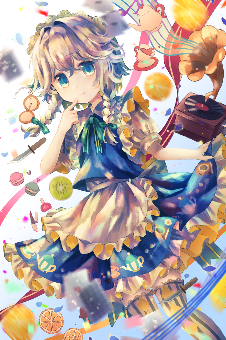izayoi sakuya, touhou, commentary, 1girl, 222neko, apron, bow, bowtie, braid, card, closed mouth, cup, embellished costume, food, fruit, green bow, green bowtie, grey hair, hair bow, kiwi (fruit), kiwi slice, knife, long hair, looking at viewer, macaron, maid, maid headdress, musical note, musical staff, orange (fruit), orange slice, phonograph, playing card, pocket watch, puffy short sleeves, puffy sleeves, short sleeves, smile, solo, striped clothes, striped thighhighs, teacup, teapot, thighhighs, twin braids, vertical-striped clothes, vertical-striped thighhighs, waist apron, watch, white thighhighs