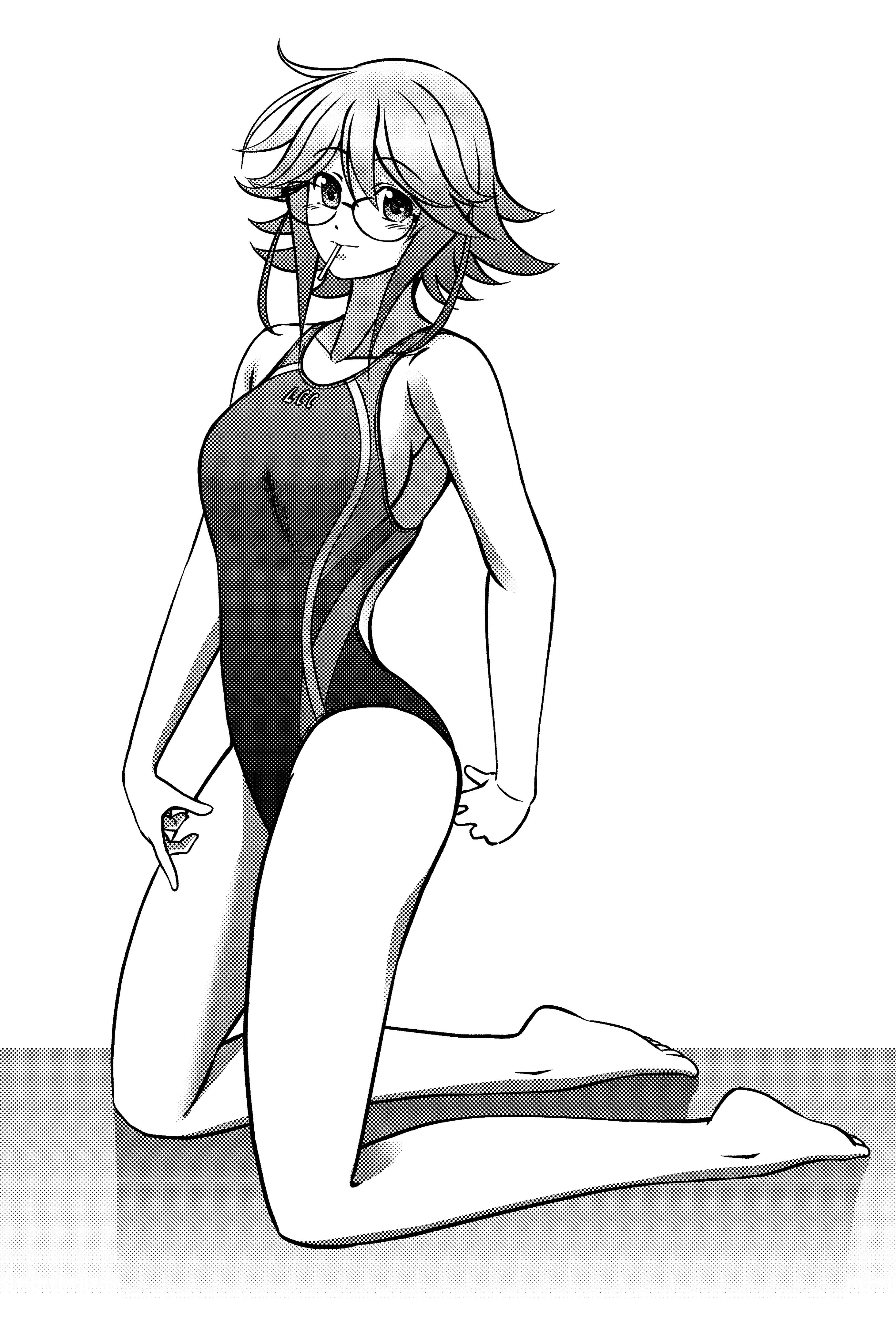 eibon, kazuki hana, chaos;child, science adventure, absurdres, commentary request, highres, 1girl, ahoge, bare shoulders, blue one-piece swimsuit, breasts, collarbone, competition swimsuit, glasses, highleg, highleg one-piece swimsuit, kneeling, large breasts, light blush, lollipop in mouth, looking at viewer, monochrome, narrow waist, one-piece swimsuit, short hair, short hair with long locks, sideboob, smile, solo, swimsuit, thick thighs, thighs, white background