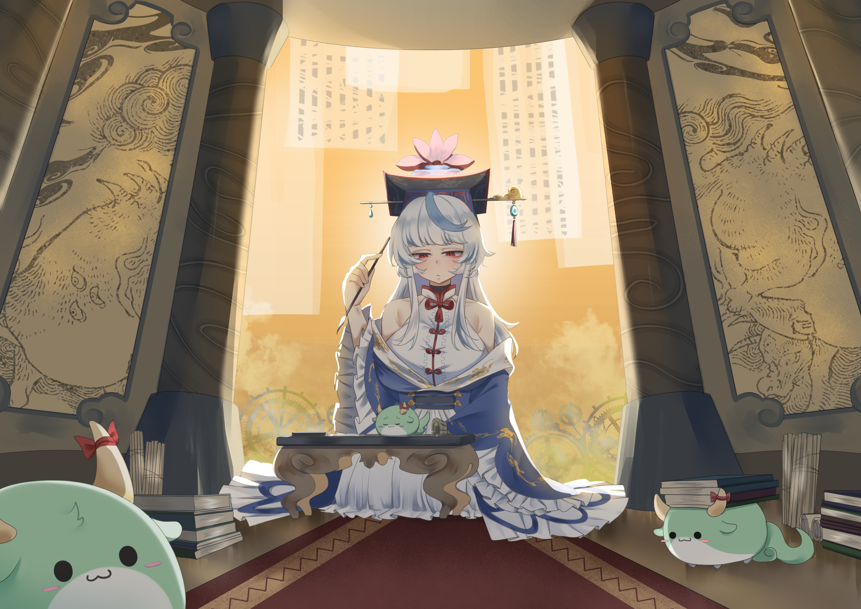 no noru, ex-keine, kamishirasawa keine, sukusuku hakutaku, touhou, absurdres, clothing request, commentary, highres, 1girl, :3, alternate costume, blue hair, book, breasts, calligraphy brush, closed eyes, closed mouth, frilled sleeves, frills, grey hair, hat, holding, holding calligraphy brush, holding paintbrush, horn ornament, horn ribbon, horns, large breasts, long sleeves, multicolored hair, paintbrush, red eyes, ribbon, sitting, sleeping, smile, table, two-tone hair, wide sleeves