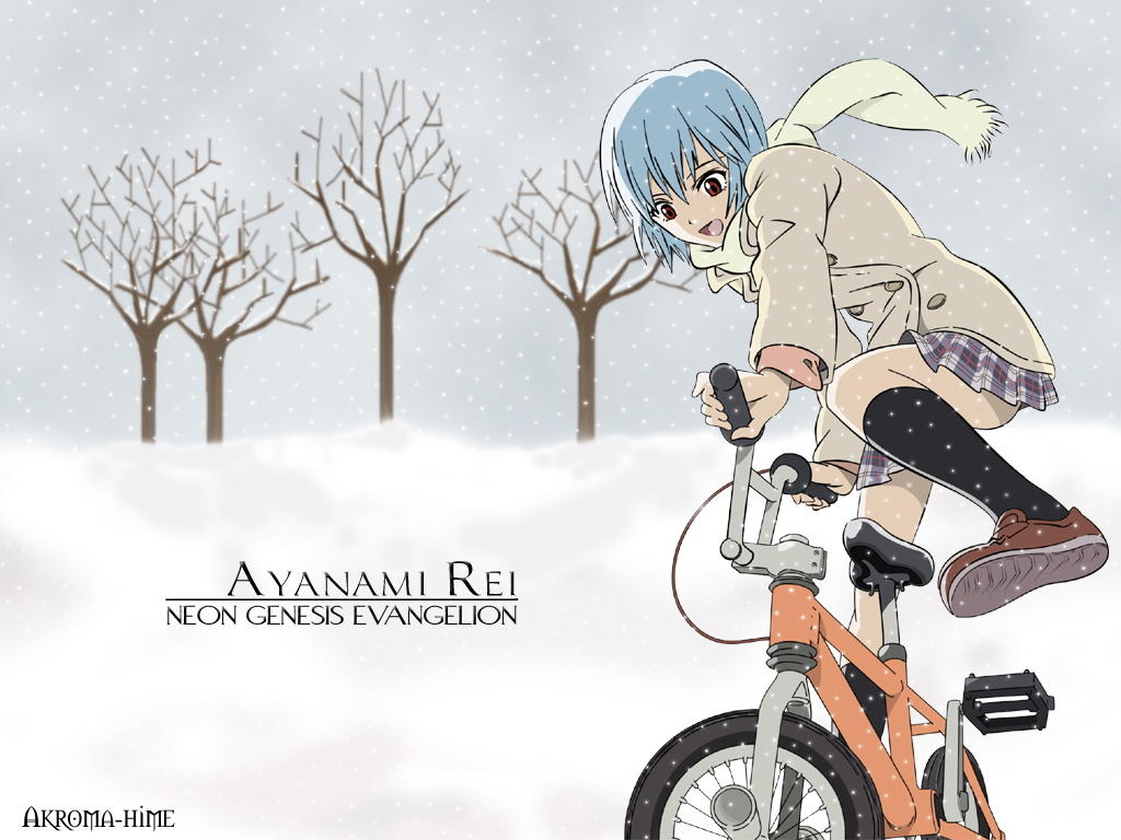 ayanami rei, neon genesis evangelion, bicycle, blue hair, coat, overcoat, red eyes, scarf, winter