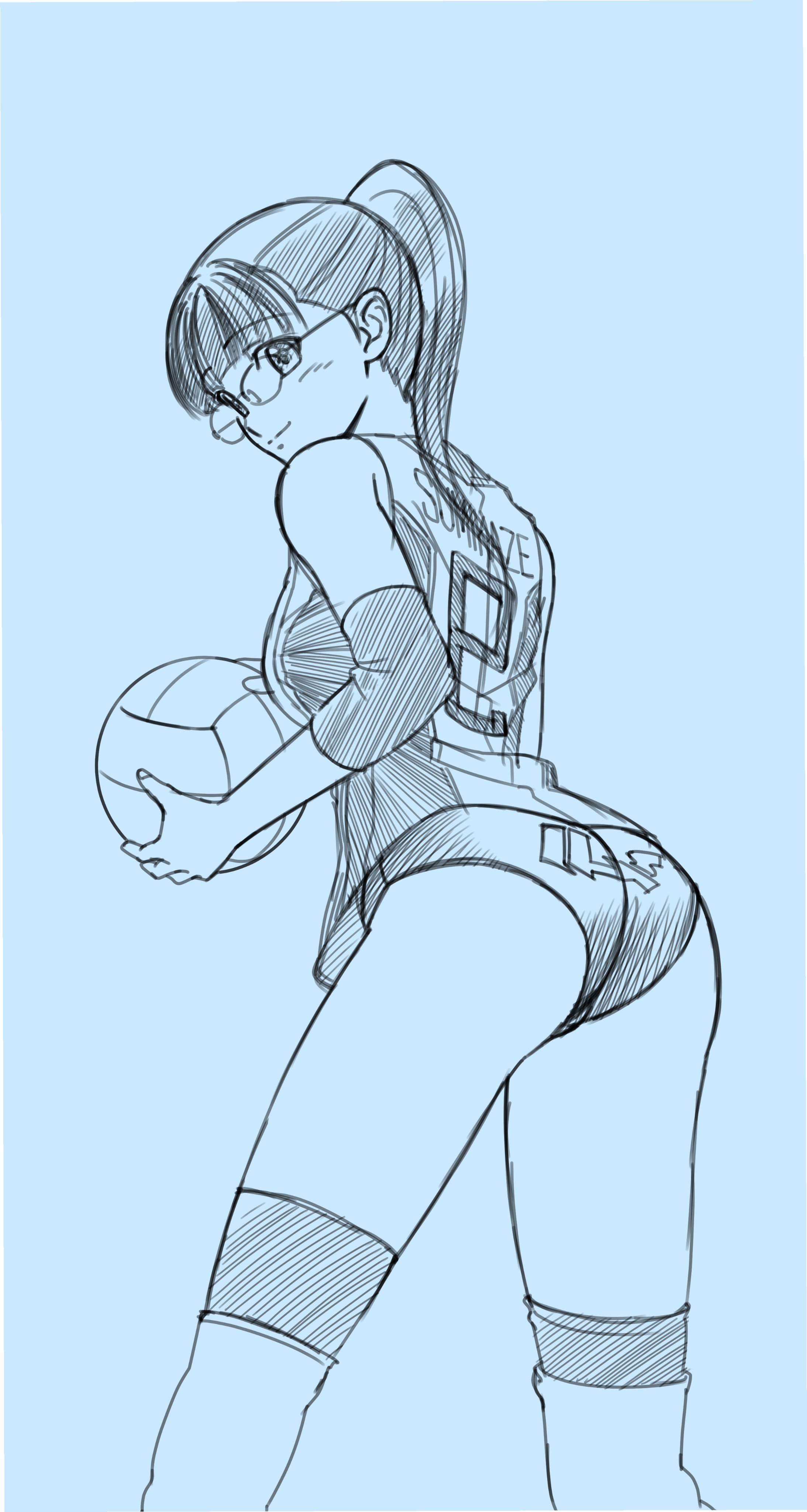 eibon, sumikaze touko, occultic;nine, science adventure, absurdres, commentary request, highres, 1girl, ass, back, ball, bare shoulders, blush, breasts, buruma, character name, from behind, glasses, holding, holding ball, long hair, looking at viewer, looking back, medium breasts, monochrome, ponytail, shirt, shorts, simple background, sleeveless, sleeveless shirt, smile, solo, sportswear, standing