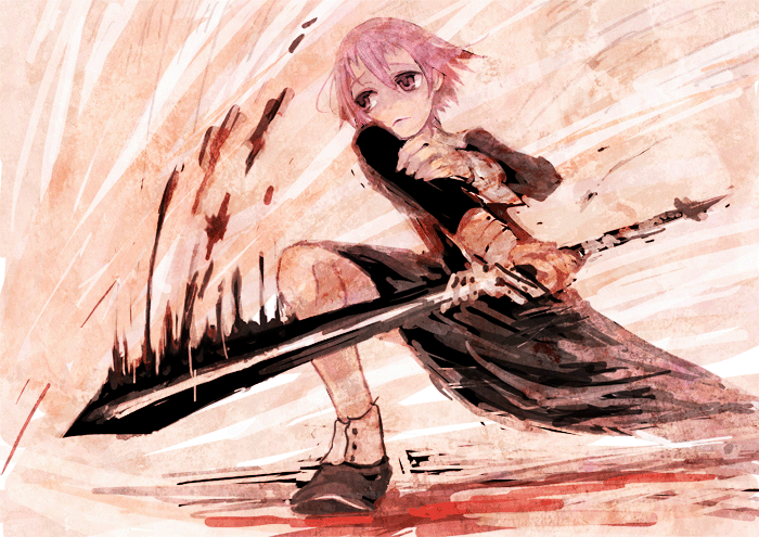 crona (soul eater), ragnarok (soul eater), soul eater, gender request, 00s, androgynous, black dress, cuff links, dress, pink eyes, pink hair, shoes, short hair, solo, sword, weapon