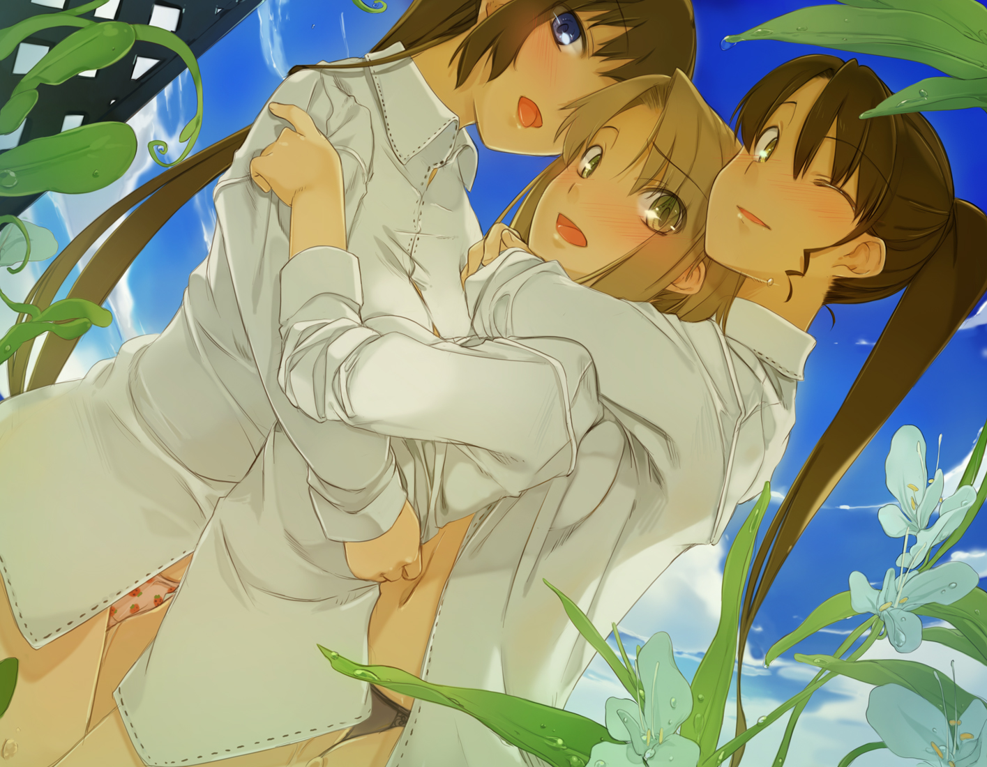 maruku, original, 3girls, blonde hair, brown eyes, brown hair, dress shirt, food print, frottage, fruit print, girl sandwich, hair over one eye, hug, multiple girls, no pants, panties, print panties, sandwiched, shirt, strawberry panties, strawberry print, underwear, yellow eyes, yuri