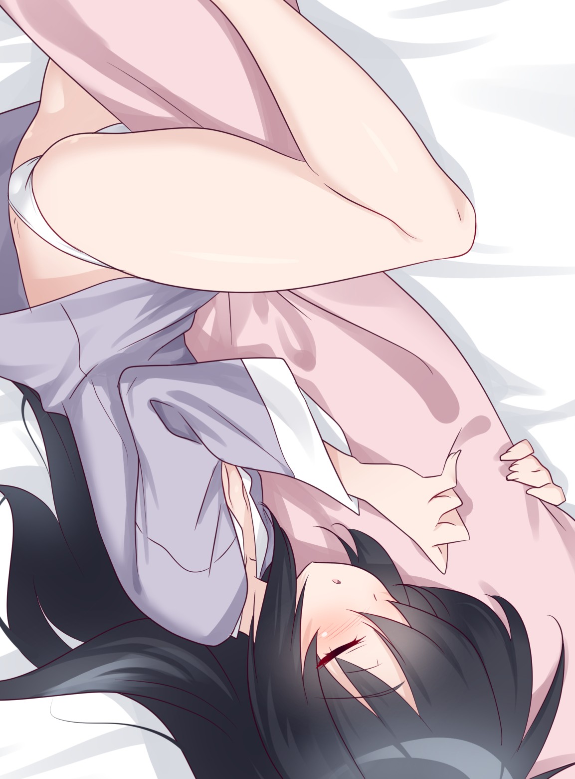 kuzuryuu kennosuke, reizei mako, girls und panzer, highres, 1girl, ass, black hair, blush, breasts, closed mouth, hugging object, long hair, open mouth, panties, pillow, pillow hug, sleeping, small breasts, solo, underwear, white panties