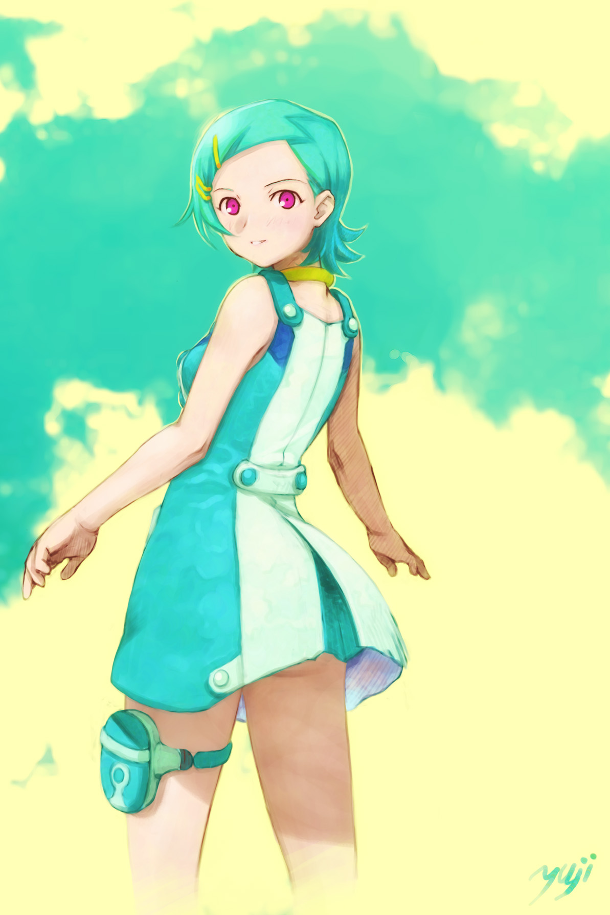 kobayashi yuji, eureka (eureka seven), eureka seven, eureka seven (series), highres, 00s, 1girl, aqua hair, ass, back, bare shoulders, blush, buttons, cloud, dress, female focus, from behind, hair ornament, hairclip, jewelry, looking at viewer, looking back, necklace, outdoors, pink eyes, pouch, short dress, short hair, signature, sky, sleeveless, smile, solo, standing, swept bangs, thigh strap