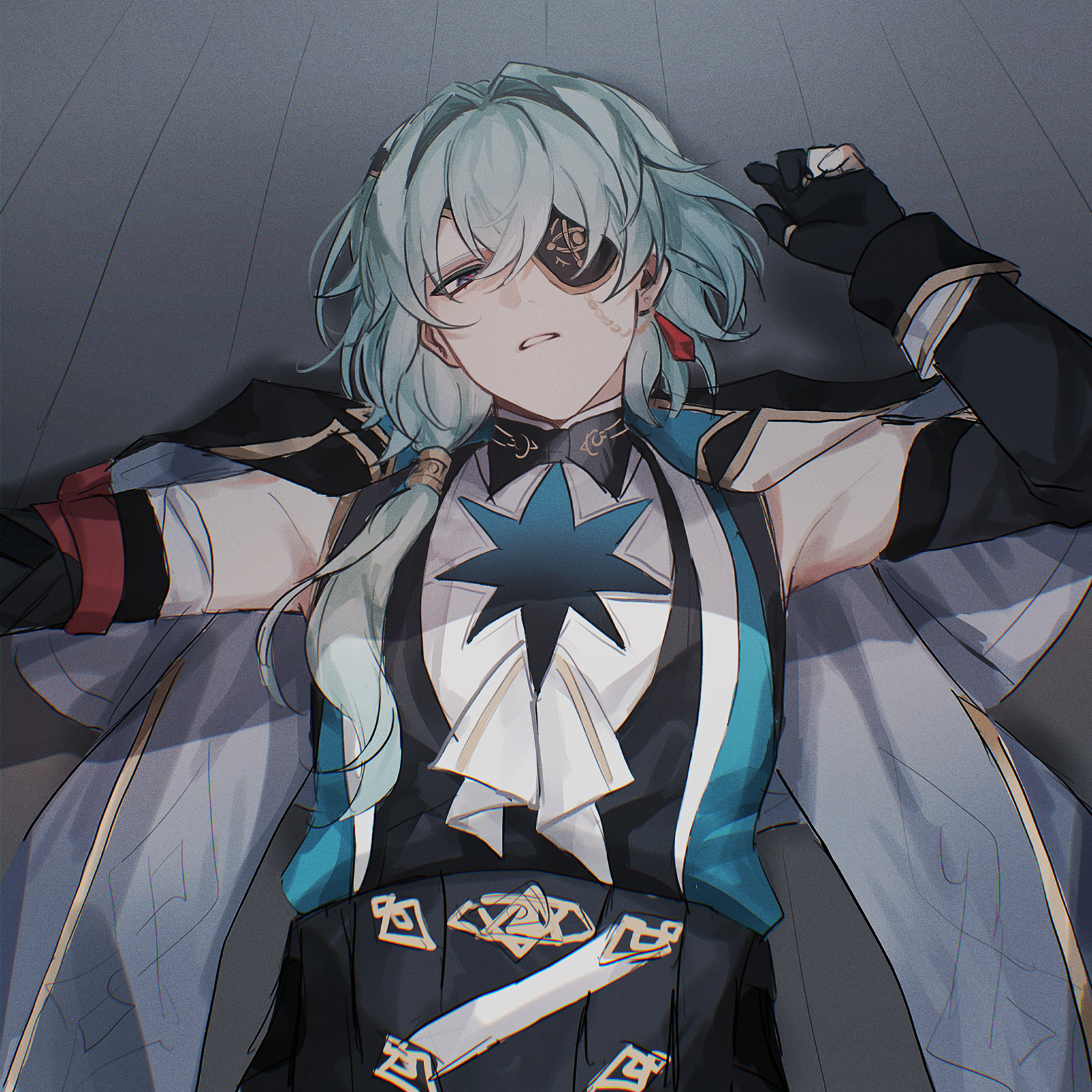anaxa (honkai: star rail), honkai: star rail, honkai (series), highres, 1boy, aqua hair, black gloves, blue eyes, chain, earrings, eyepatch, fz7047, gloves, jewelry, looking at viewer, lying, male focus, on back, one eye covered, parted lips, partially fingerless gloves, single earring, solo, teeth, upper body