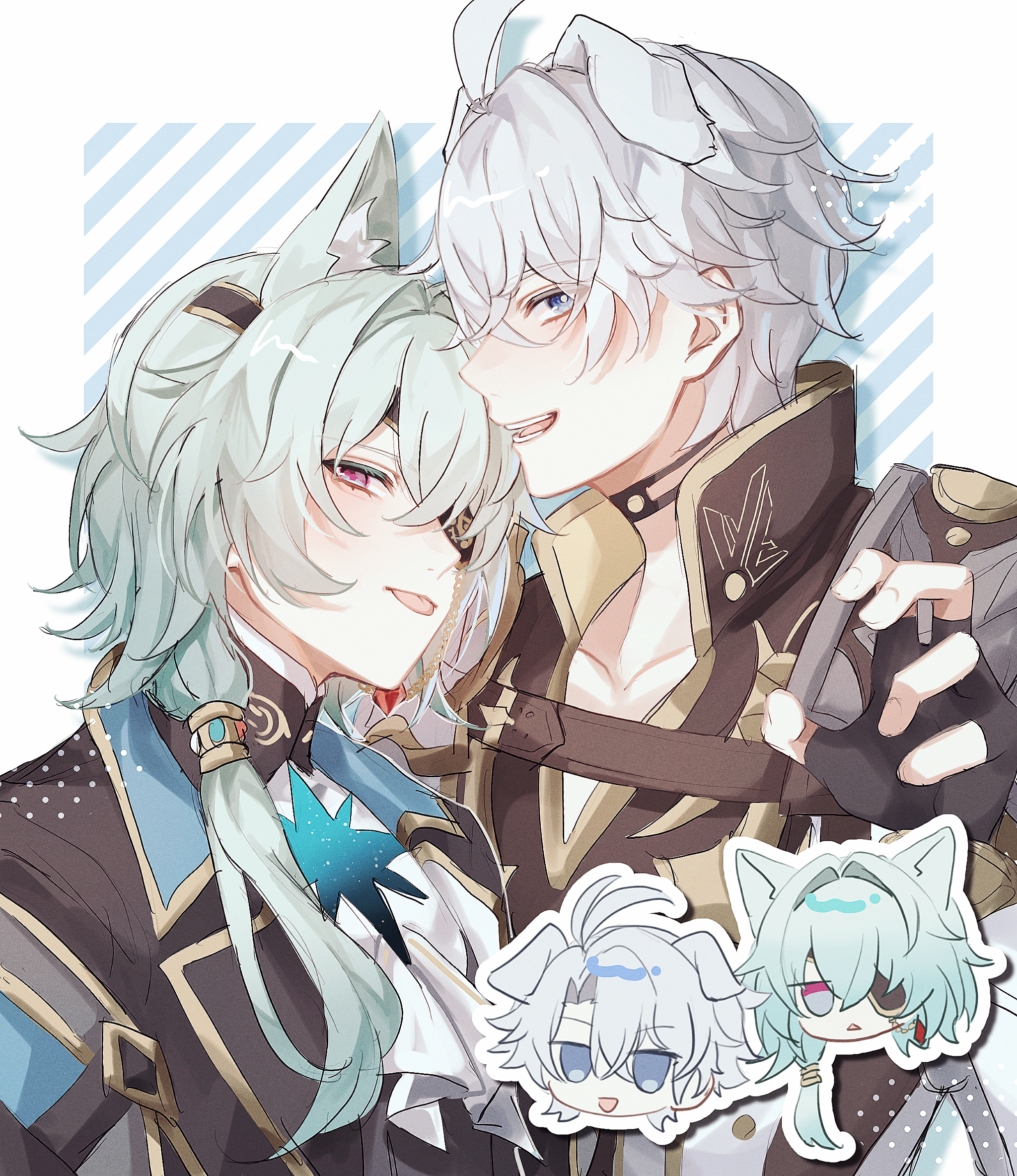 anaxa (honkai: star rail), phainon (honkai: star rail), honkai: star rail, honkai (series), highres, 2boys, aqua hair, cat boy, chibi, dog boy, earrings, eyepatch, fz7047, grey hair, hair between eyes, jewelry, looking at viewer, male focus, multiple boys, one eye covered, open mouth, pink pupils, short hair, single earring, striped background, tongue, tongue out, upper body