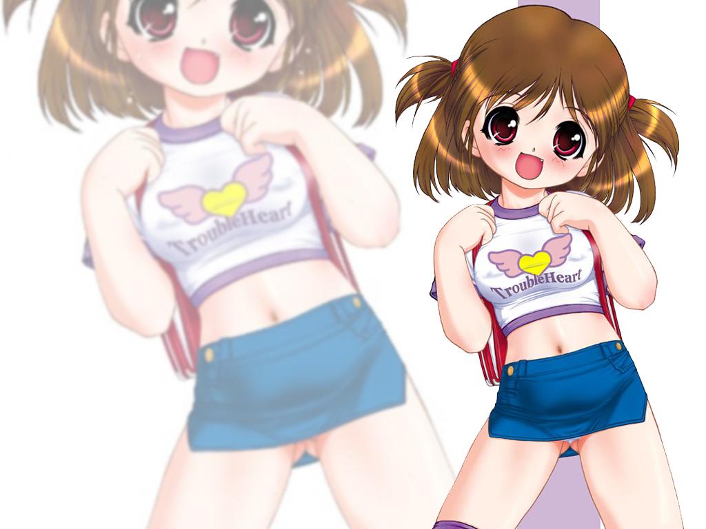 backpack, bag, breasts, brown hair, fang, loli, navel, red eyes