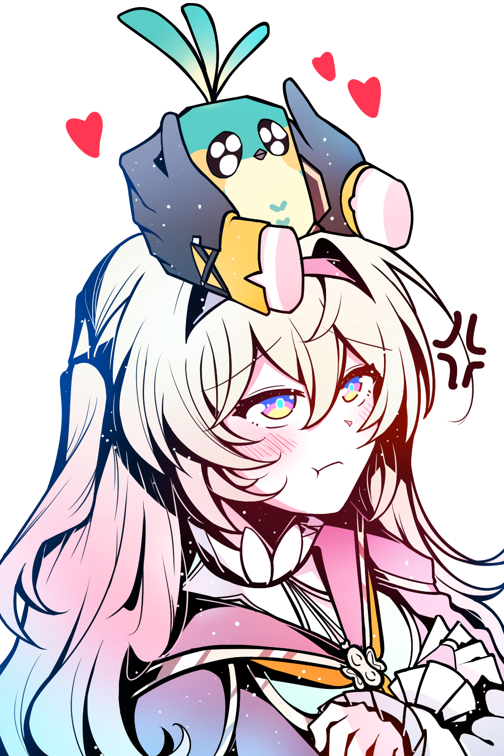 electronduck, firefly (birefly) (honkai: star rail), firefly (honkai: star rail), stelle (honkai: star rail), trailblazer (honkai: star rail), honkai: star rail, honkai (series), highres, 2girls, anger vein, black gloves, collared shirt, frilled sleeves, frills, gloves, gradient hair, green pupils, grey hair, hair between eyes, hair intakes, hairband, heart, long hair, long sleeves, multicolored eyes, multicolored hair, multiple girls, neckerchief, orange neckerchief, pout, shirt, simple background, solo, white background, white shirt, white sleeves