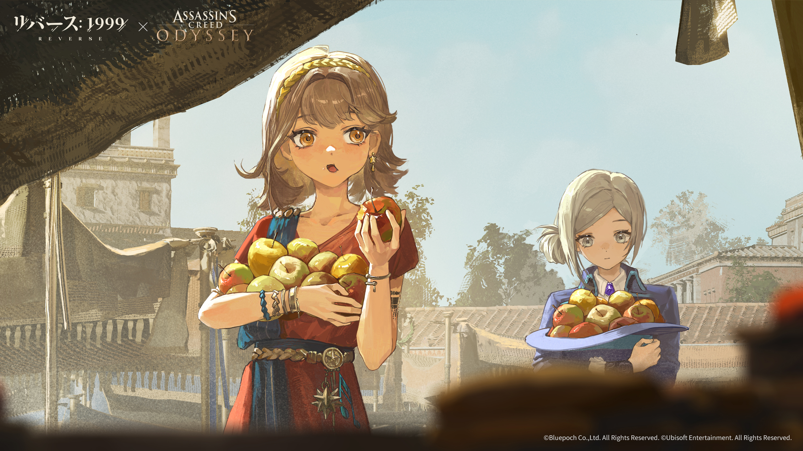regulus (reverse:1999), vertin (reverse:1999), assassin's creed: odyssey, assassin's creed (series), reverse:1999, highres, official art, 2girls, apple, bitten apple, black coat, black hat, blue sky, brown hair, coat, copyright name, copyright notice, day, earrings, eating, facing viewer, food, food bite, food in mouth, fruit, grey eyes, grey hair, hair bun, hairband, hat, hat basket, holding, holding food, holding fruit, holding unworn clothes, holding unworn hat, house, jewelry, logo, looking down, looking to the side, multiple girls, official alternate costume, open mouth, orange eyes, outdoors, red tunic, shirt, short hair, short sleeves, single earring, single side bun, sky, star (symbol), star earrings, tunic, unworn hat, unworn headwear, upper body, white shirt, yellow hairband