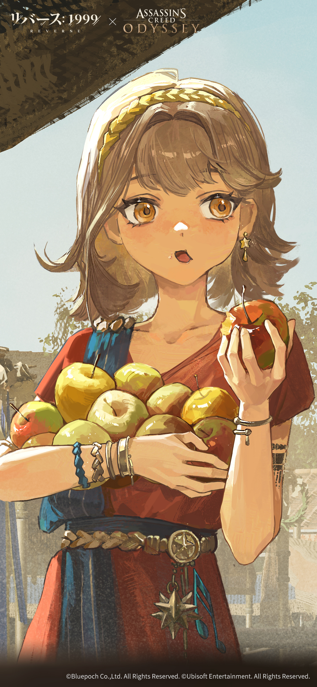 regulus (reverse:1999), assassin's creed: odyssey, assassin's creed (series), reverse:1999, absurdres, highres, official art, 1girl, apple, bitten apple, blue sky, brown hair, copyright name, copyright notice, day, earrings, eating, facing viewer, food, food bite, food in mouth, fruit, hairband, holding, holding food, holding fruit, jewelry, logo, looking to the side, official alternate costume, open mouth, orange eyes, outdoors, red tunic, short hair, short sleeves, single earring, sky, solo, star (symbol), star earrings, tunic, upper body, yellow hairband