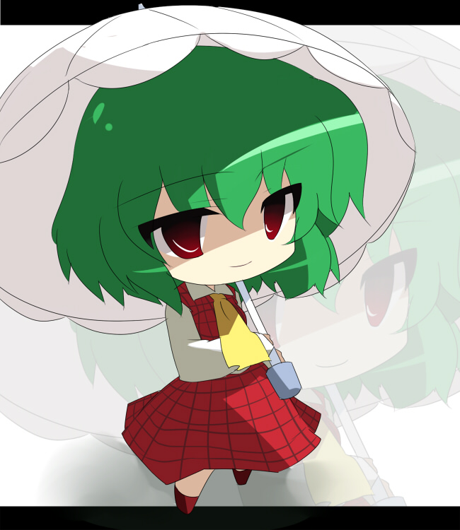 oka (bananashoe), kazami yuuka, touhou, 1girl, ascot, chibi, female focus, green hair, letterboxed, parasol, plaid clothes, plaid skirt, plaid vest, red eyes, short hair, skirt, skirt set, solo, umbrella, vest, zoom layer