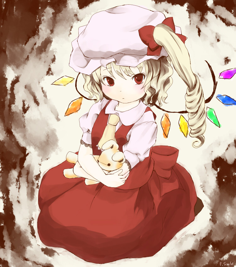 momose sumomo, momosesumomo, flandre scarlet, touhou, bad id, bad pixiv id, 1girl, blonde hair, blouse, collared shirt, female focus, hat, mob cap, ribbon, shirt, solo, white hat, white shirt, wings