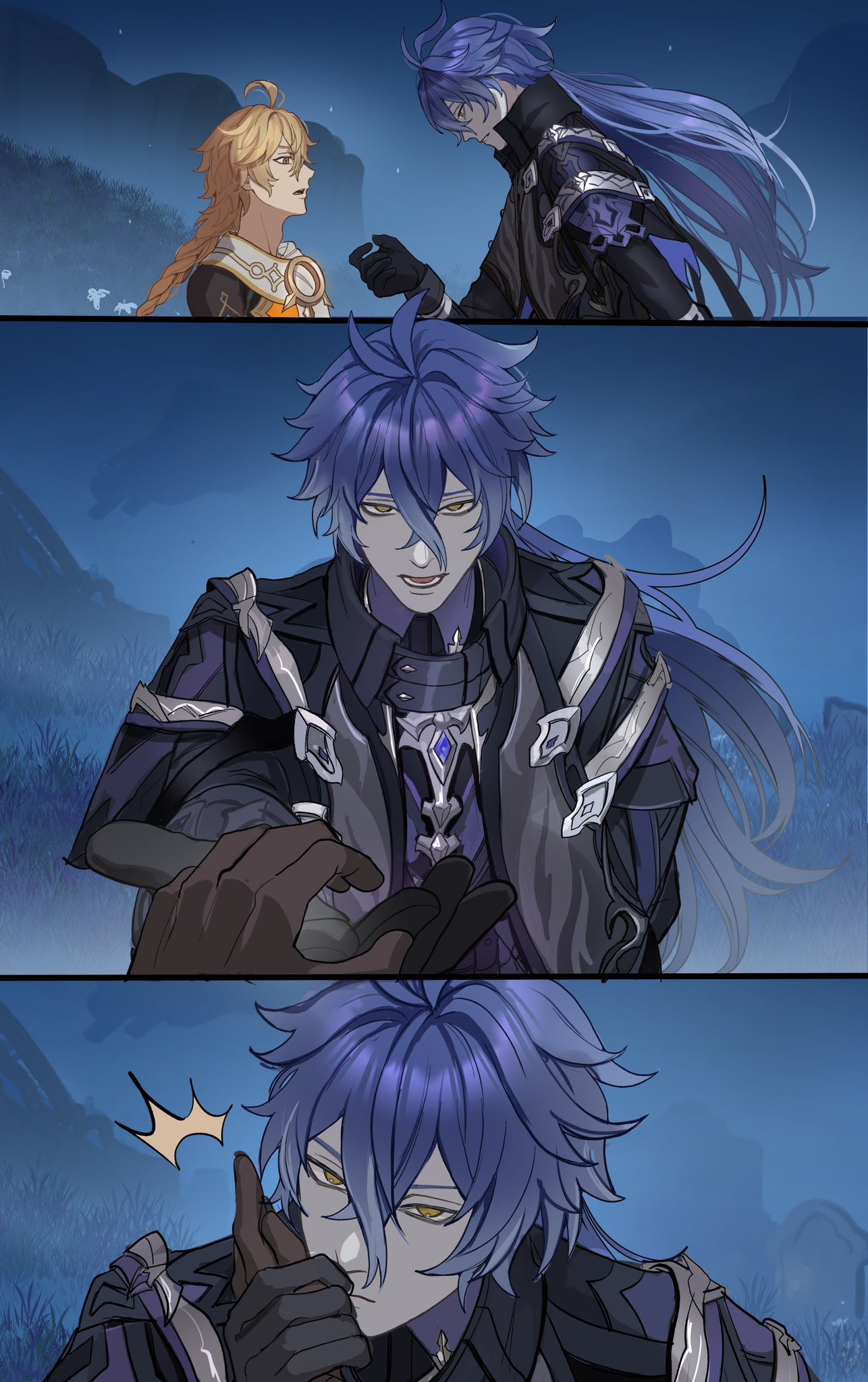 haze (ha ze), aether (genshin impact), flins (genshin impact), genshin impact, commentary, english commentary, highres, 2boys, ahoge, antenna hair, arm up, bags under eyes, black coat, black gloves, blonde hair, blue hair, braid, brown gloves, coat, from side, gloves, gradient hair, hand on another's cheek, hand on another's face, head tilt, holding hands, huge ahoge, leaning forward, long braid, long hair, long sleeves, looking at viewer, looking down, multicolored hair, multiple boys, night, night sky, open mouth, outdoors, pov, pov hands, reaching, reaching towards another, reaching towards viewer, scarf, single braid, sky, standing, star (sky), surprised, teeth, wavy hair, yaoi, yellow eyes