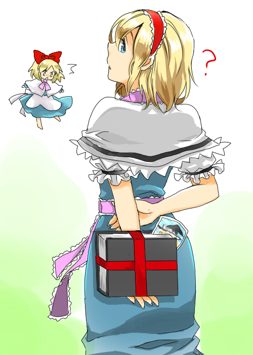 nugaa, alice margatroid, shanghai doll, touhou, bad id, bad pixiv id, 1girl, ?, arms behind back, blonde hair, book, doll, female focus, from behind, photo (object), solo