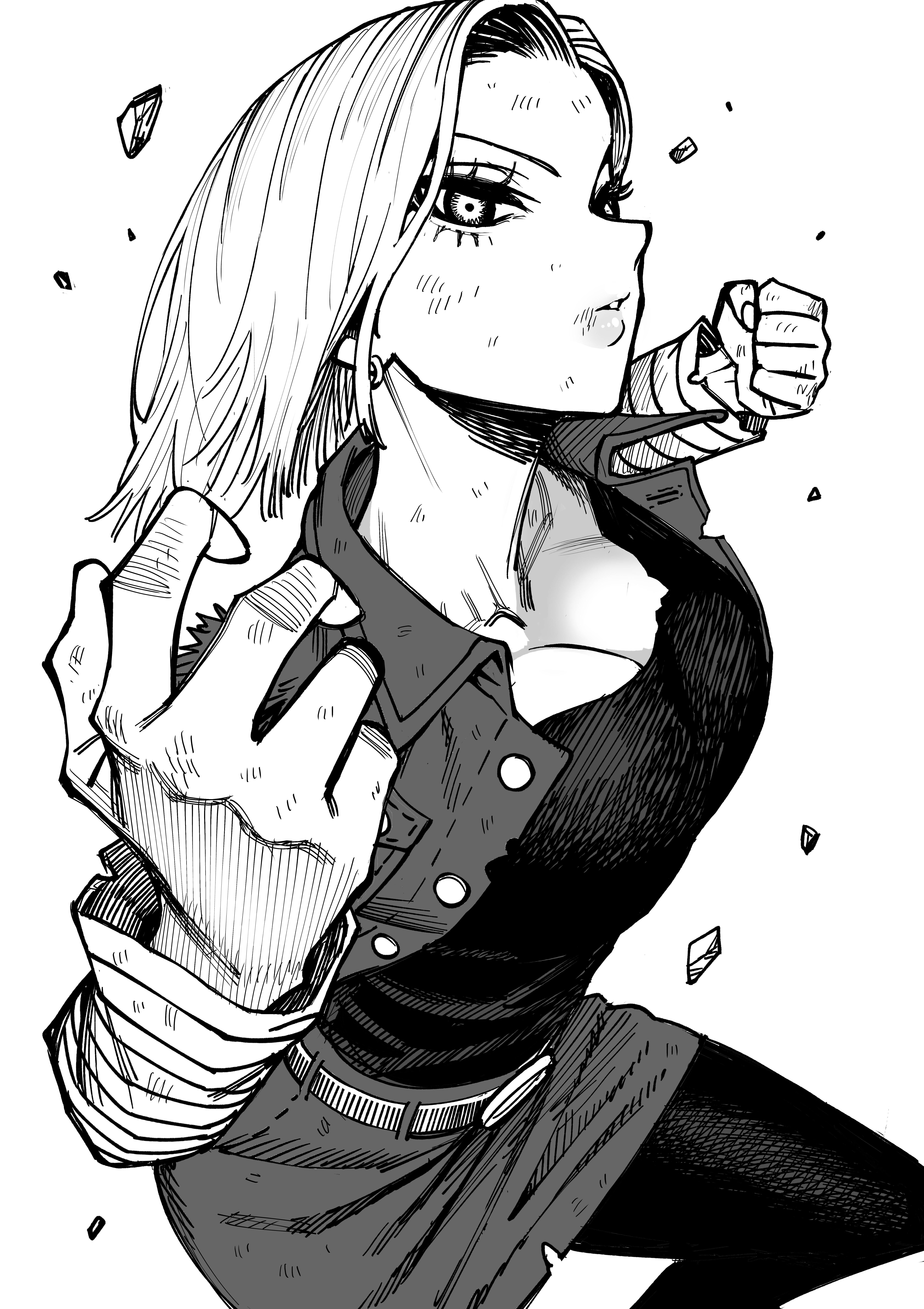 otosama, android 18, dragon ball, dragon ball (classic), absurdres, commentary request, highres, 1girl, belt, breasts, cleavage, clenched hand, dirty, dirty face, earrings, greyscale, jacket, jewelry, looking at viewer, monochrome, parted lips, short hair, simple background, skirt, solo, white background